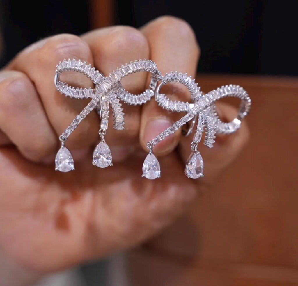 Rhinestone Bow Drop Earrings, Teardrop Crystal Dangle Earrings, Bridal Wedding Earrings for Cheongsam