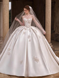 Strapless Satin Ballgown Wedding Dress, 3D Floral Appliques Extended Train Bridal Gown, Puffy Princess Wedding Gown With Sheer Long Sleeve