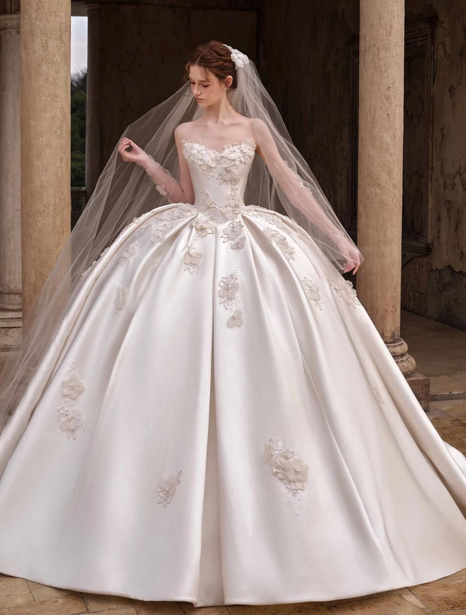 Strapless Satin Ballgown Wedding Dress, 3D Floral Appliques Extended Train Bridal Gown, Puffy Princess Wedding Gown With Sheer Long Sleeve