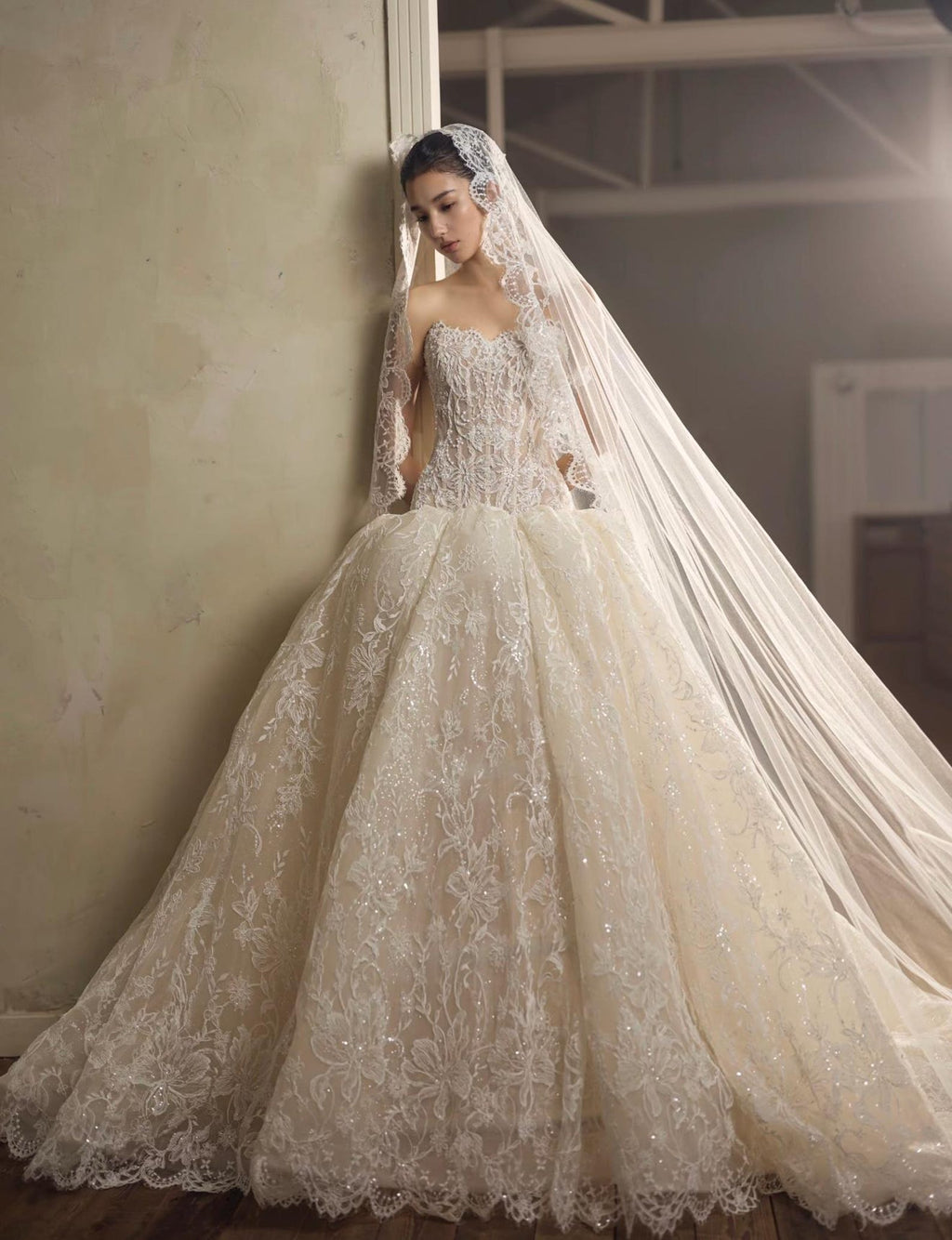 Strapless Floral Lace Wedding Dress, Sheer Boned Corset Bridal Gown, Sparkly A Line Wedding Gown With Train, Romantic Vintage Wedding Dress