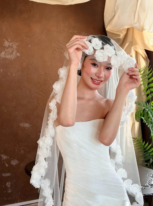 3D Floral Edge Wedding Veil, Handmade White Rose Flower Bridal Tulle Veil, Romantic Sheer Single Tier Bridal Veil for Wedding Ceremony