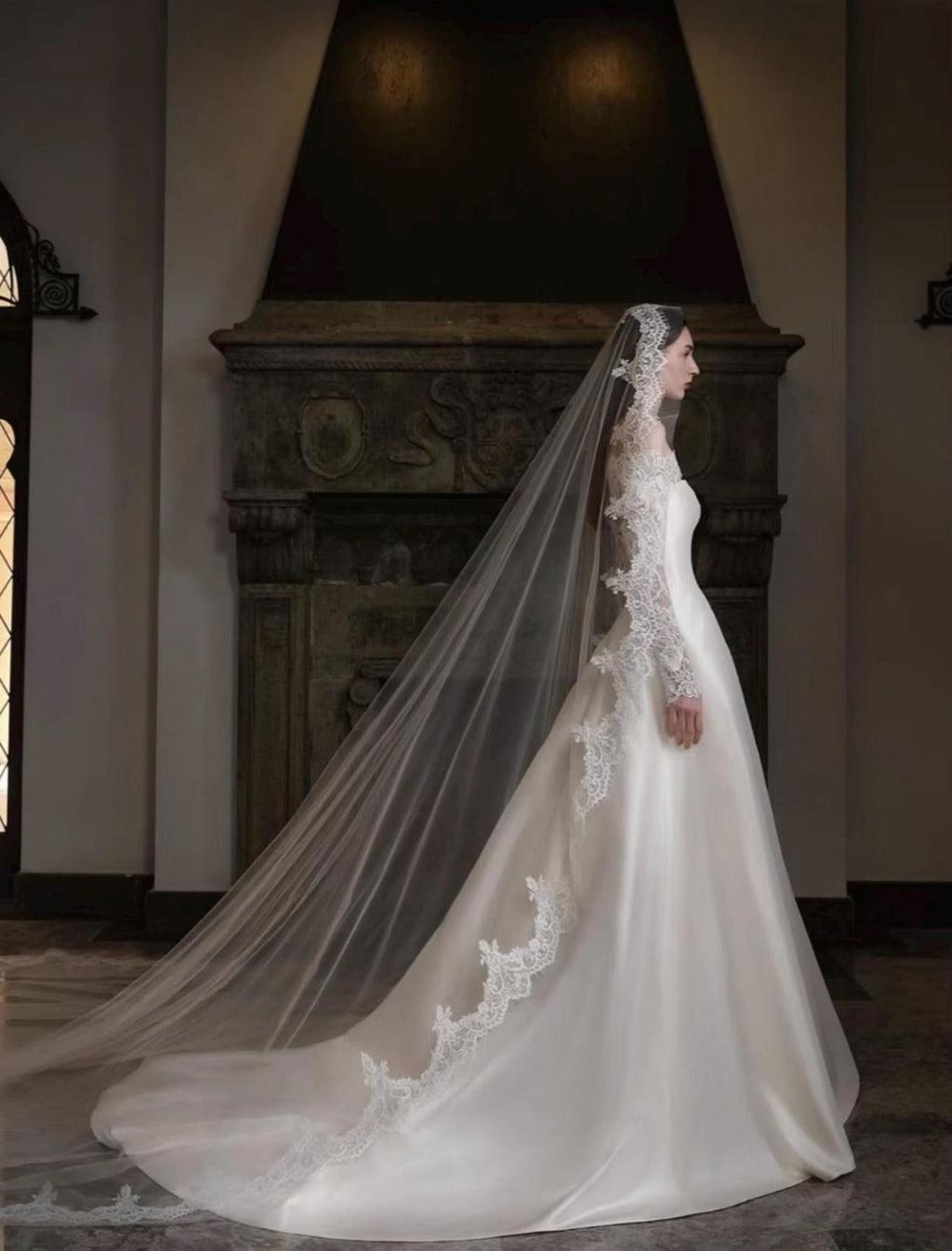 3 Ways Wear Snow Mountain Nuo Satin Bridal Gown, Removable Lace Sleeves, Off Shoulder / High Neck Convertible Vintage Wedding Dress