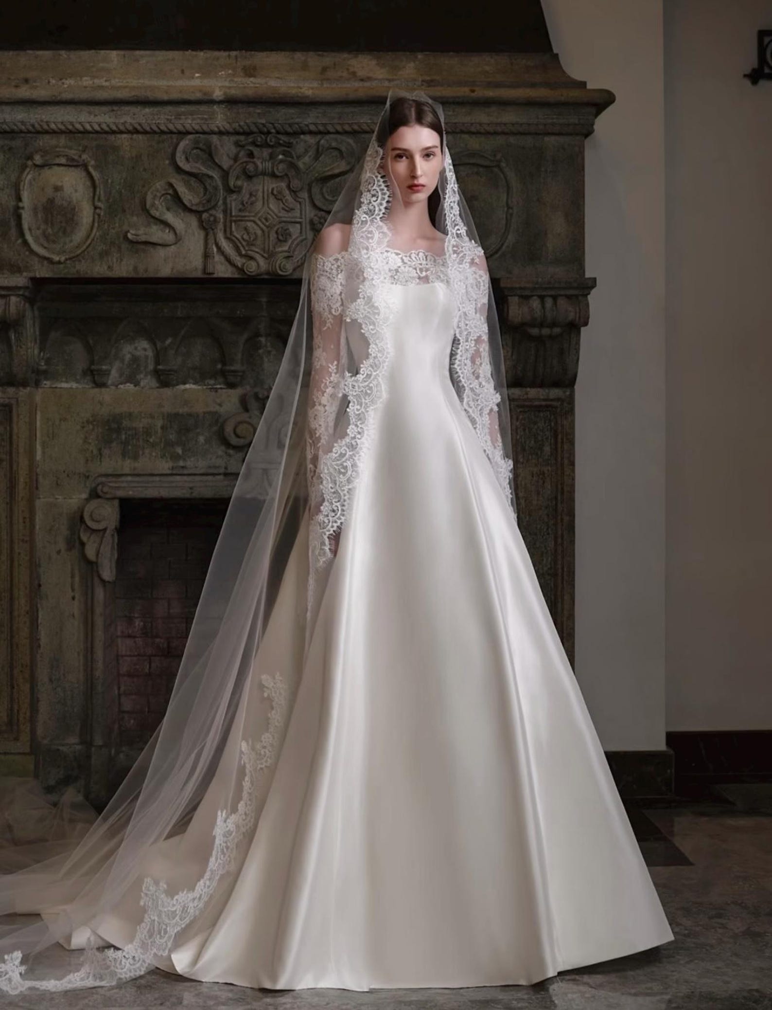 3 Ways Wear Snow Mountain Nuo Satin Bridal Gown, Removable Lace Sleeves, Off Shoulder / High Neck Convertible Vintage Wedding Dress