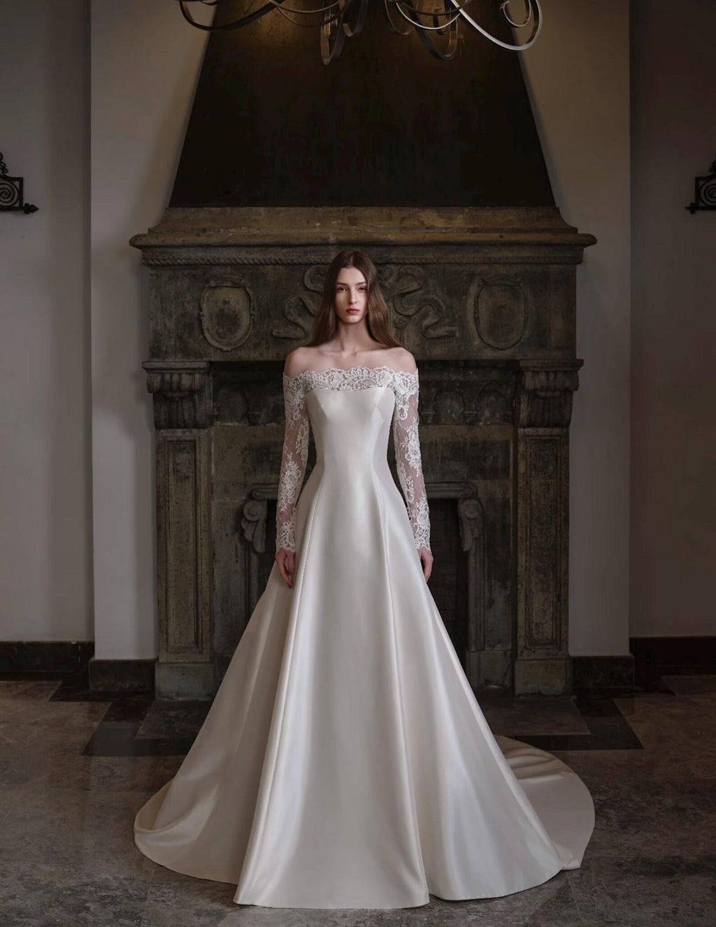 3 Ways Wear Snow Mountain Nuo Satin Bridal Gown, Removable Lace Sleeves, Off Shoulder / High Neck Convertible Vintage Wedding Dress