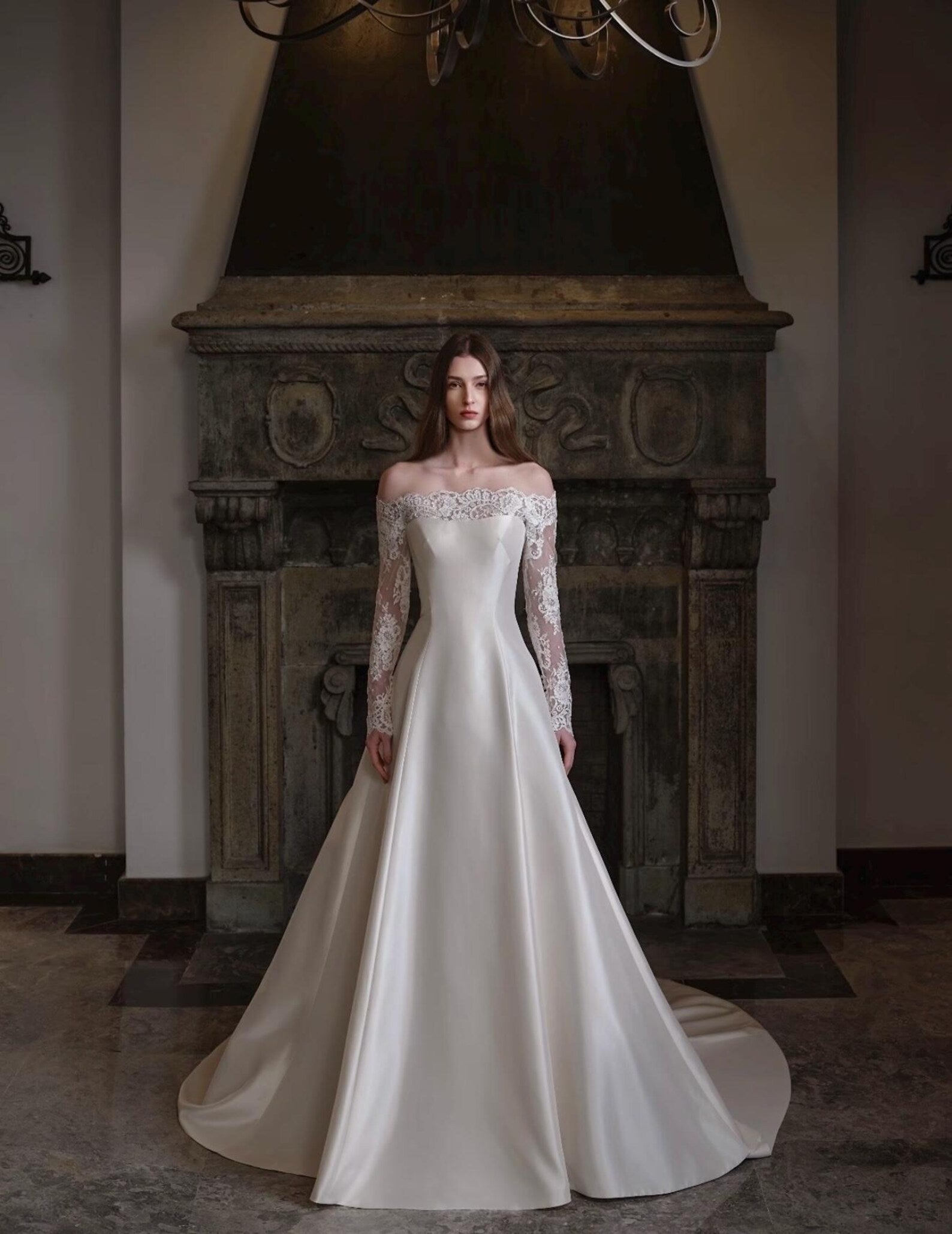 3 Ways Wear Snow Mountain Nuo Satin Bridal Gown, Removable Lace Sleeves, Off Shoulder / High Neck Convertible Vintage Wedding Dress