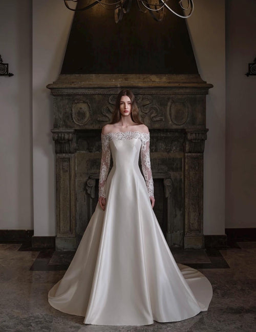 3 Ways Wear Snow Mountain Nuo Satin Bridal Gown, Removable Lace Sleeves, Off Shoulder / High Neck Convertible Vintage Wedding Dress