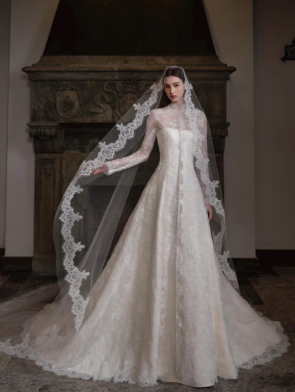 3 Ways Wear Snow Mountain Nuo Satin Bridal Gown, Removable Lace Sleeves, Off Shoulder / High Neck Convertible Vintage Wedding Dress