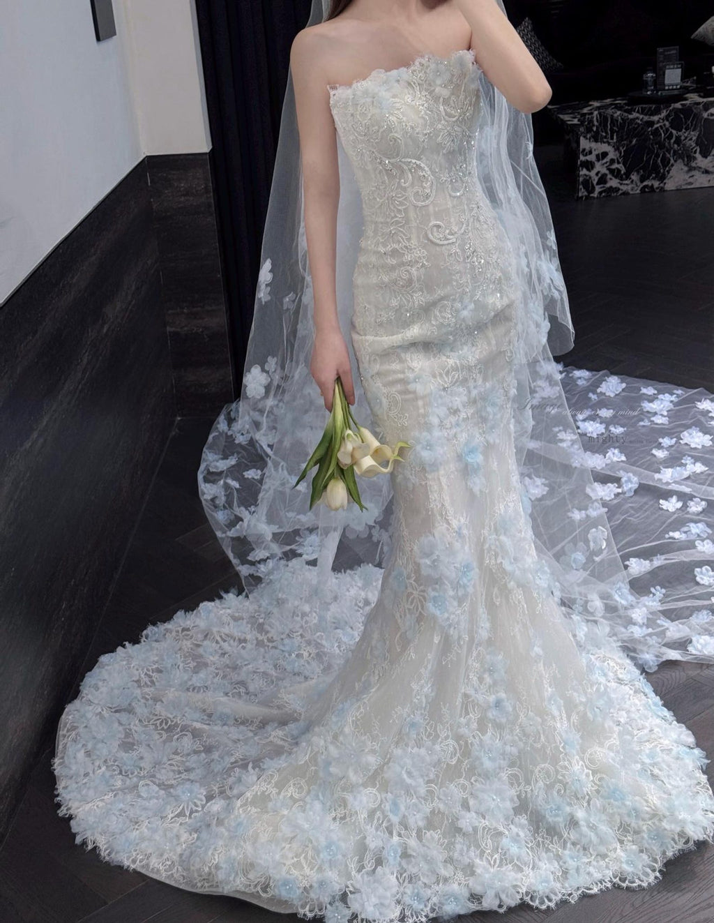 Strapless Mermaid Wedding Dress, 3D Light Blue Floral Lace Bridal Gown, Custom Fit Long Train Wedding Gown