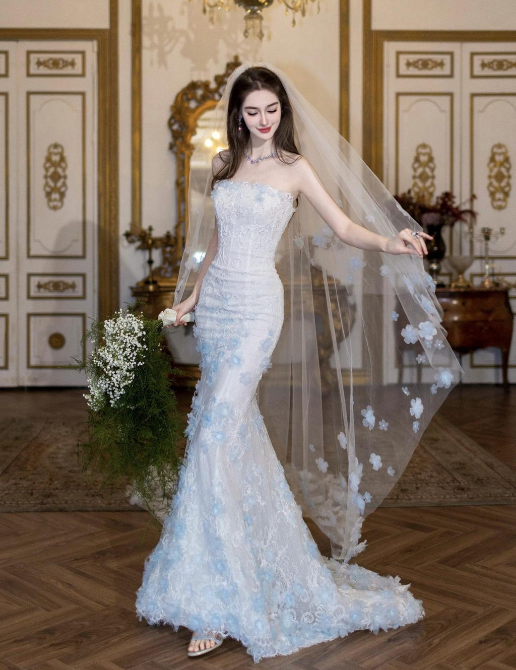 Strapless Mermaid Wedding Dress, 3D Light Blue Floral Lace Bridal Gown, Custom Fit Long Train Wedding Gown