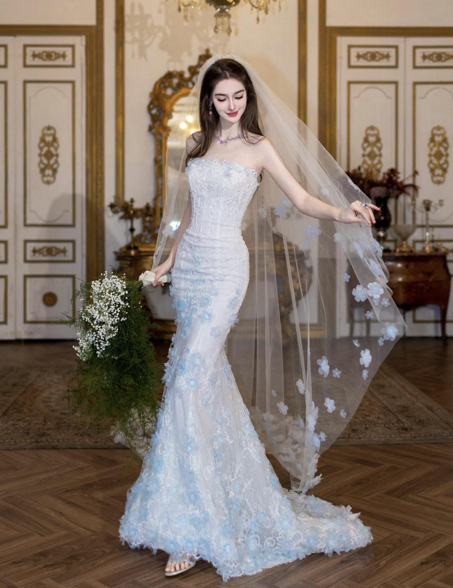 Strapless Mermaid Wedding Dress, 3D Light Blue Floral Lace Bridal Gown, Custom Fit Long Train Wedding Gown