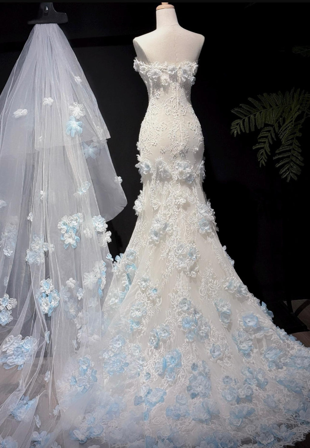 Strapless Mermaid Wedding Dress, 3D Light Blue Floral Lace Bridal Gown, Custom Fit Long Train Wedding Gown