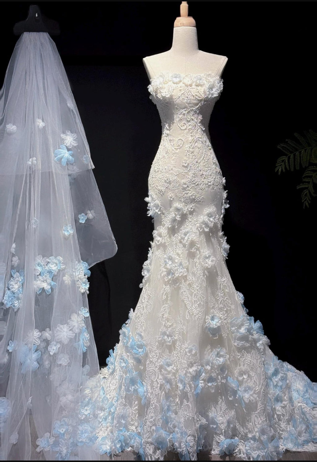 Strapless Mermaid Wedding Dress, 3D Light Blue Floral Lace Bridal Gown, Custom Fit Long Train Wedding Gown