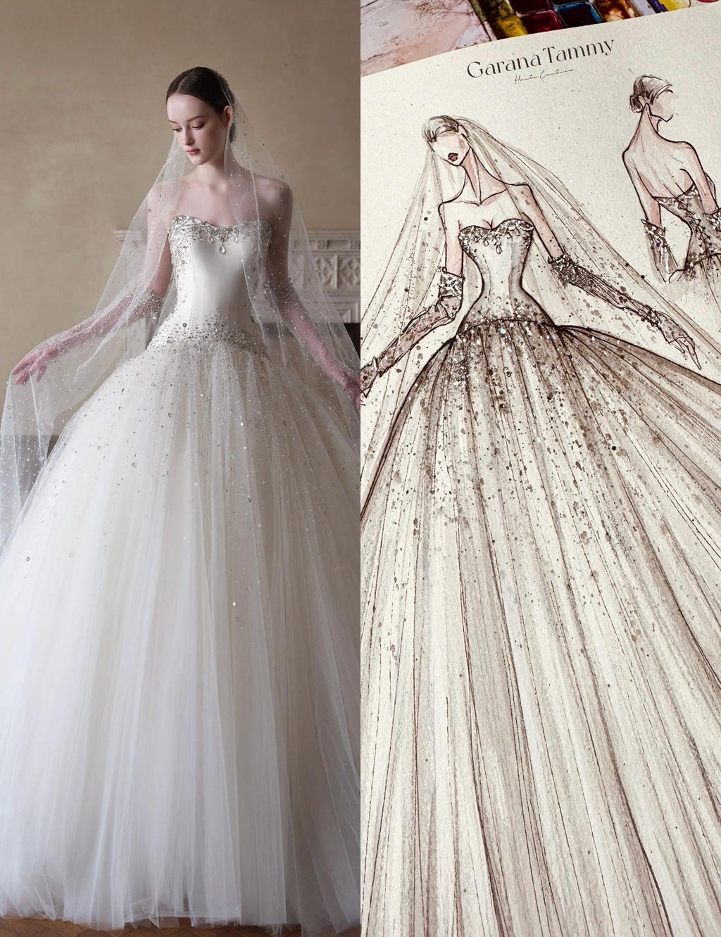 Strapless Sparkle Tulle Ball Gown Wedding Dress, Beaded Fitted Bodice Bridal Gown With Long Sparkly Veil, Royal Train Princess Wedding Dress