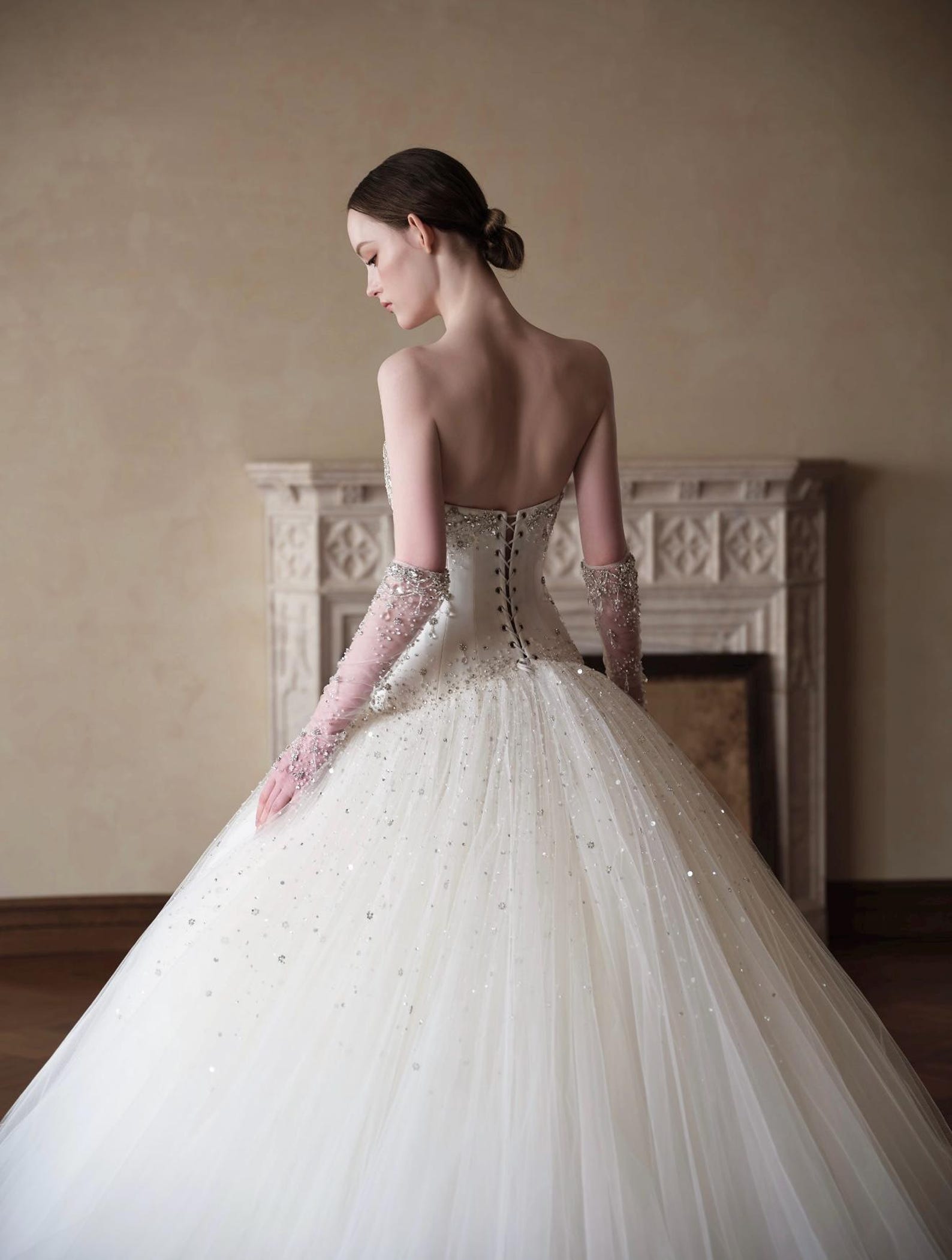 Strapless Sparkle Tulle Ball Gown Wedding Dress, Beaded Fitted Bodice Bridal Gown With Long Sparkly Veil, Royal Train Princess Wedding Dress