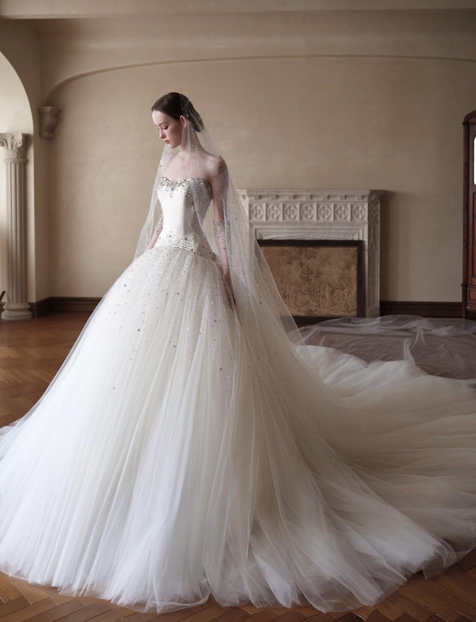 Strapless Sparkle Tulle Ball Gown Wedding Dress, Beaded Fitted Bodice Bridal Gown With Long Sparkly Veil, Royal Train Princess Wedding Dress