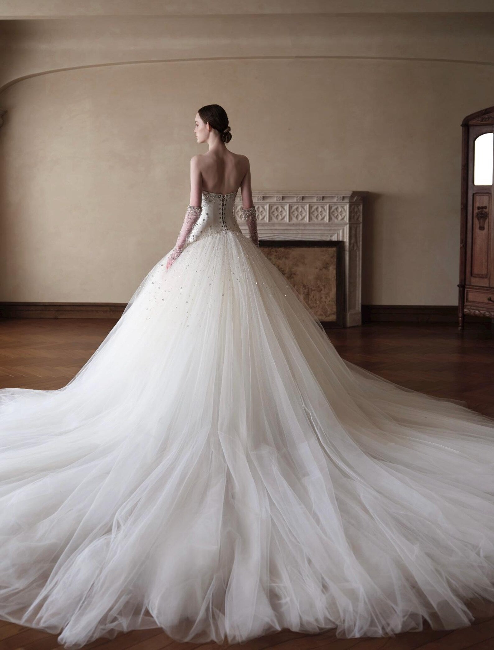 Strapless Sparkle Tulle Ball Gown Wedding Dress, Beaded Fitted Bodice Bridal Gown With Long Sparkly Veil, Royal Train Princess Wedding Dress