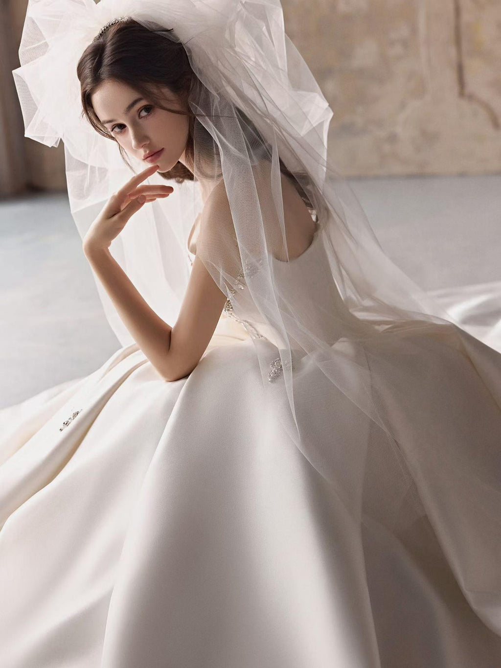 Strapless Satin Ballgown Wedding Gown, Luxury Rhinestone Embellished Ivory Bridal Dress, Long Train Princess Wedding Dress