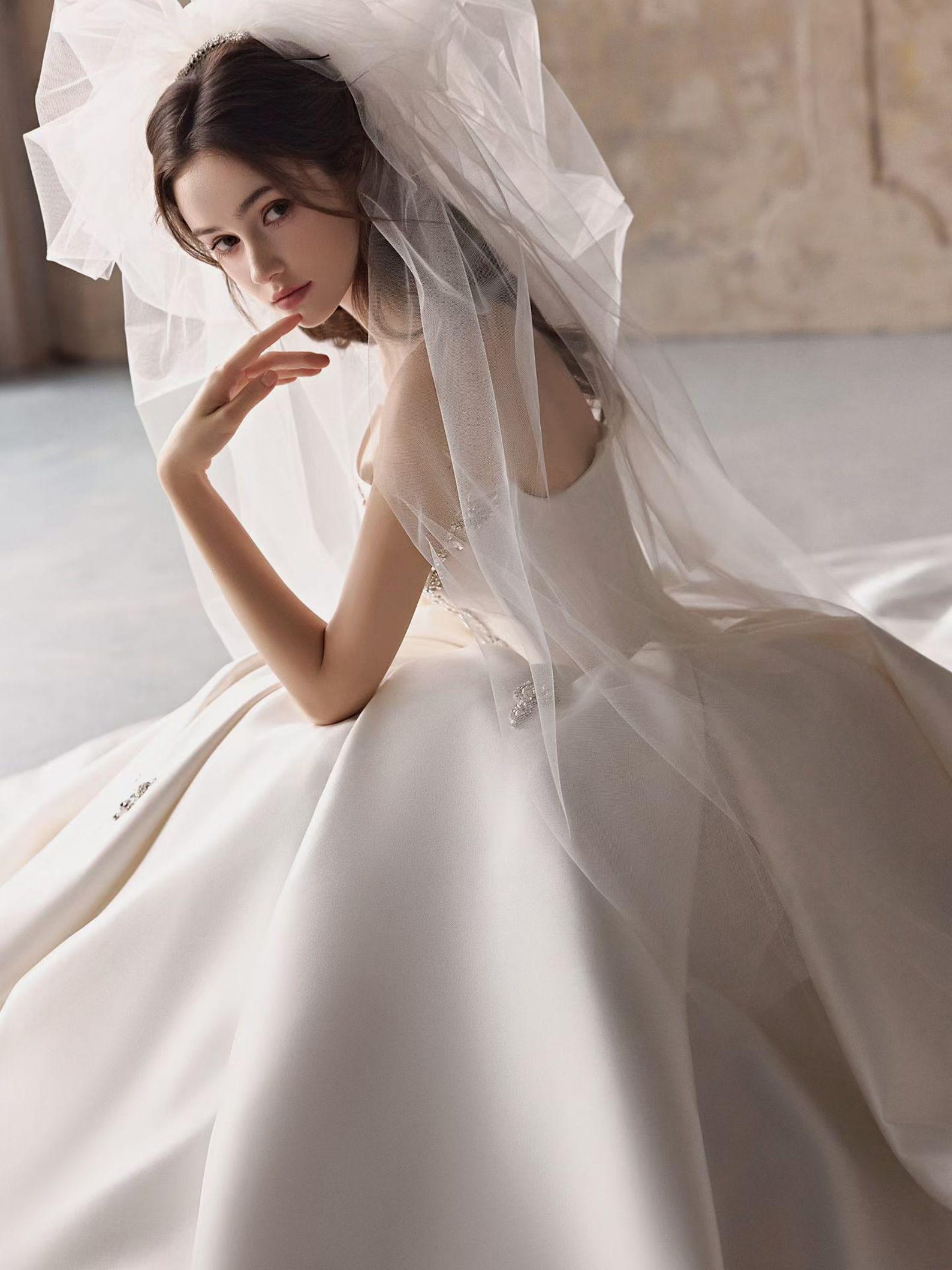 Strapless Satin Ballgown Wedding Gown, Luxury Rhinestone Embellished Ivory Bridal Dress, Long Train Princess Wedding Dress