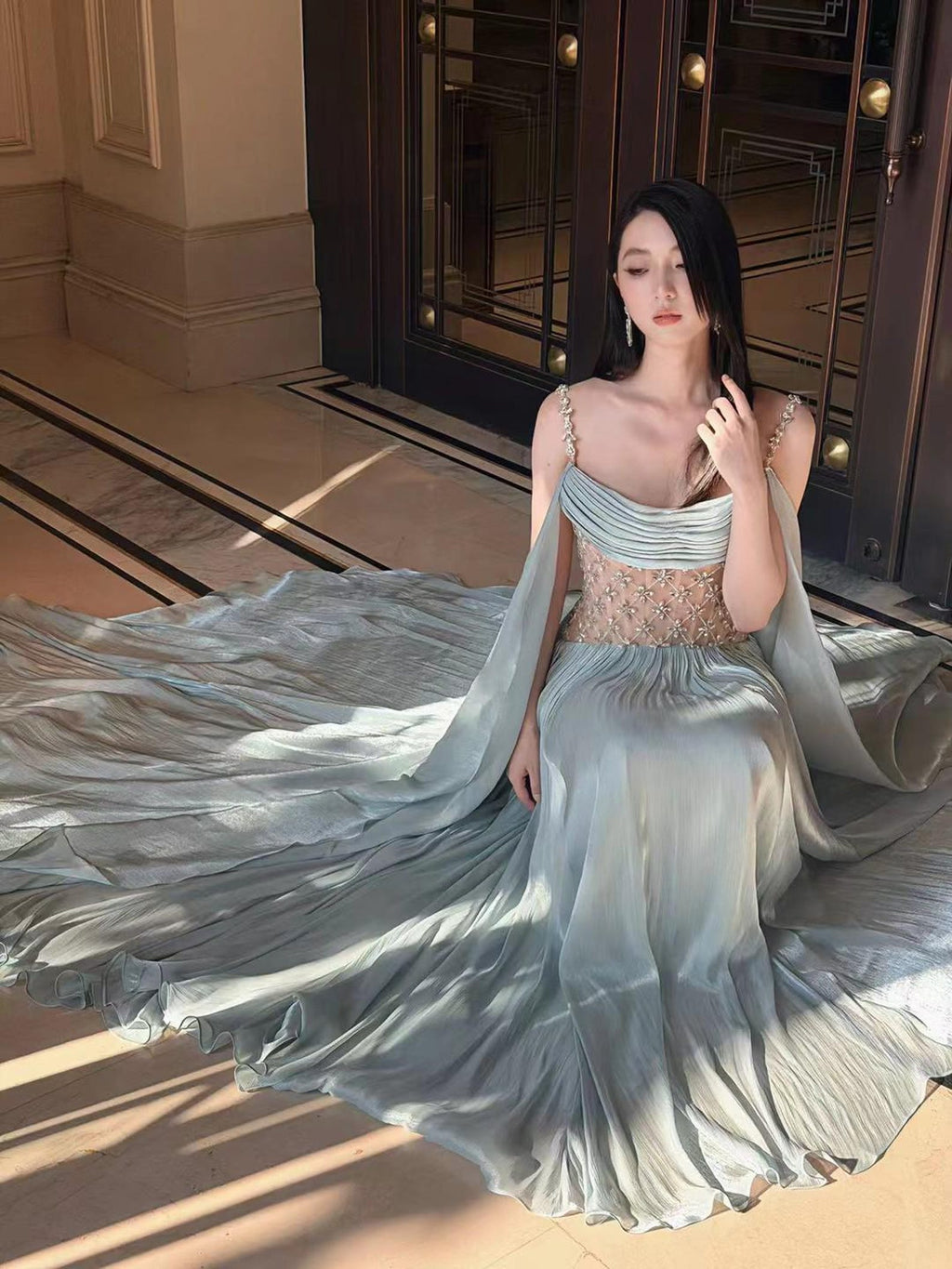 Dusty Blue Chiffon Evening Gown, Beaded Sheer Corset Formal Dress, Flowing Cape Sleeves Fairy Prom Gown