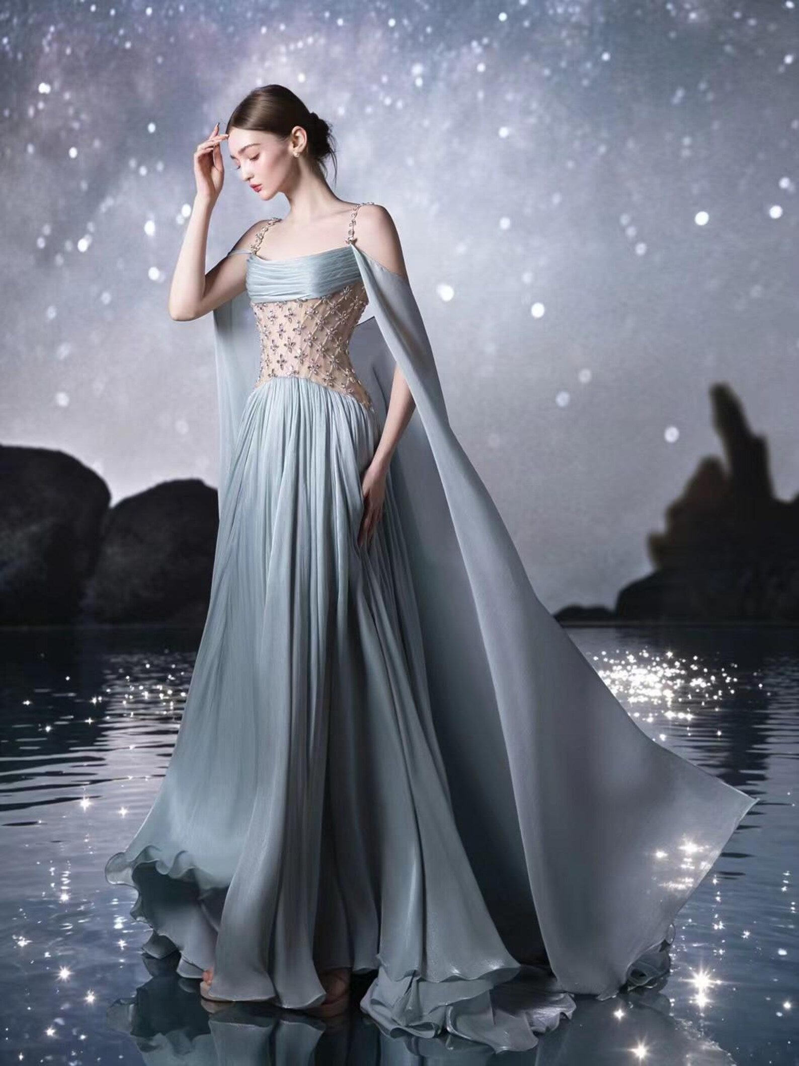 Dusty Blue Chiffon Evening Gown, Beaded Sheer Corset Formal Dress, Flowing Cape Sleeves Fairy Prom Gown