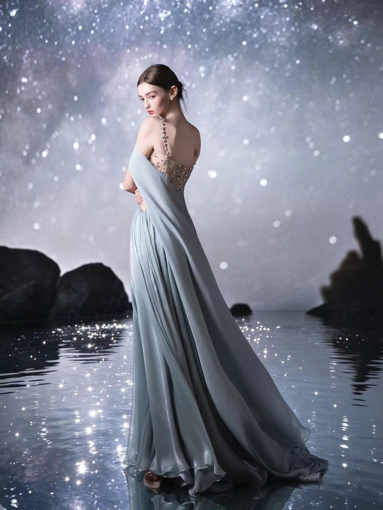 Dusty Blue Chiffon Evening Gown, Beaded Sheer Corset Formal Dress, Flowing Cape Sleeves Fairy Prom Gown