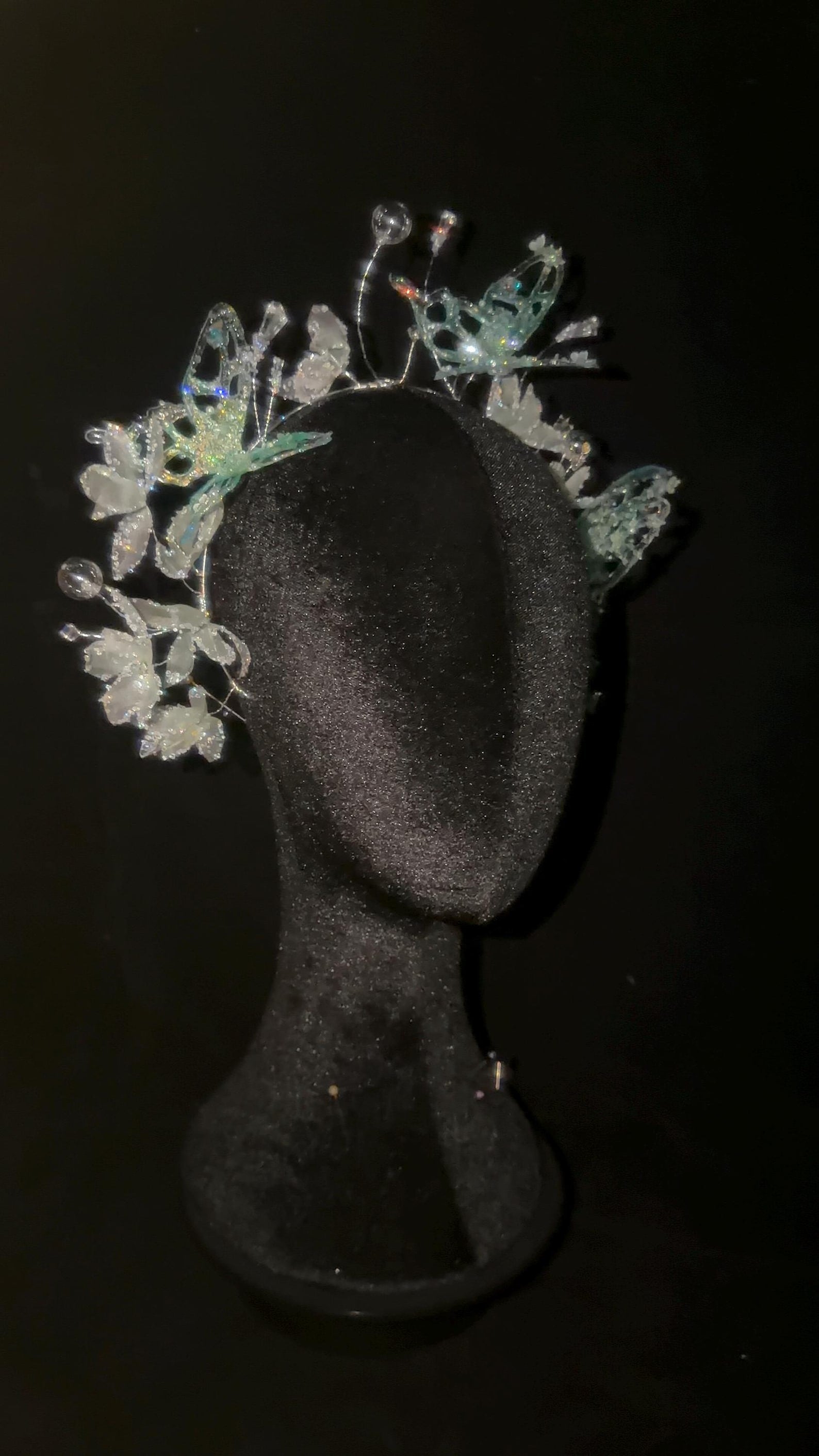 Light Green Butterfly Bridal Headband, Frosted Flower Crystal Wedding Headpiece, Fairy Floral Tiara for Bride