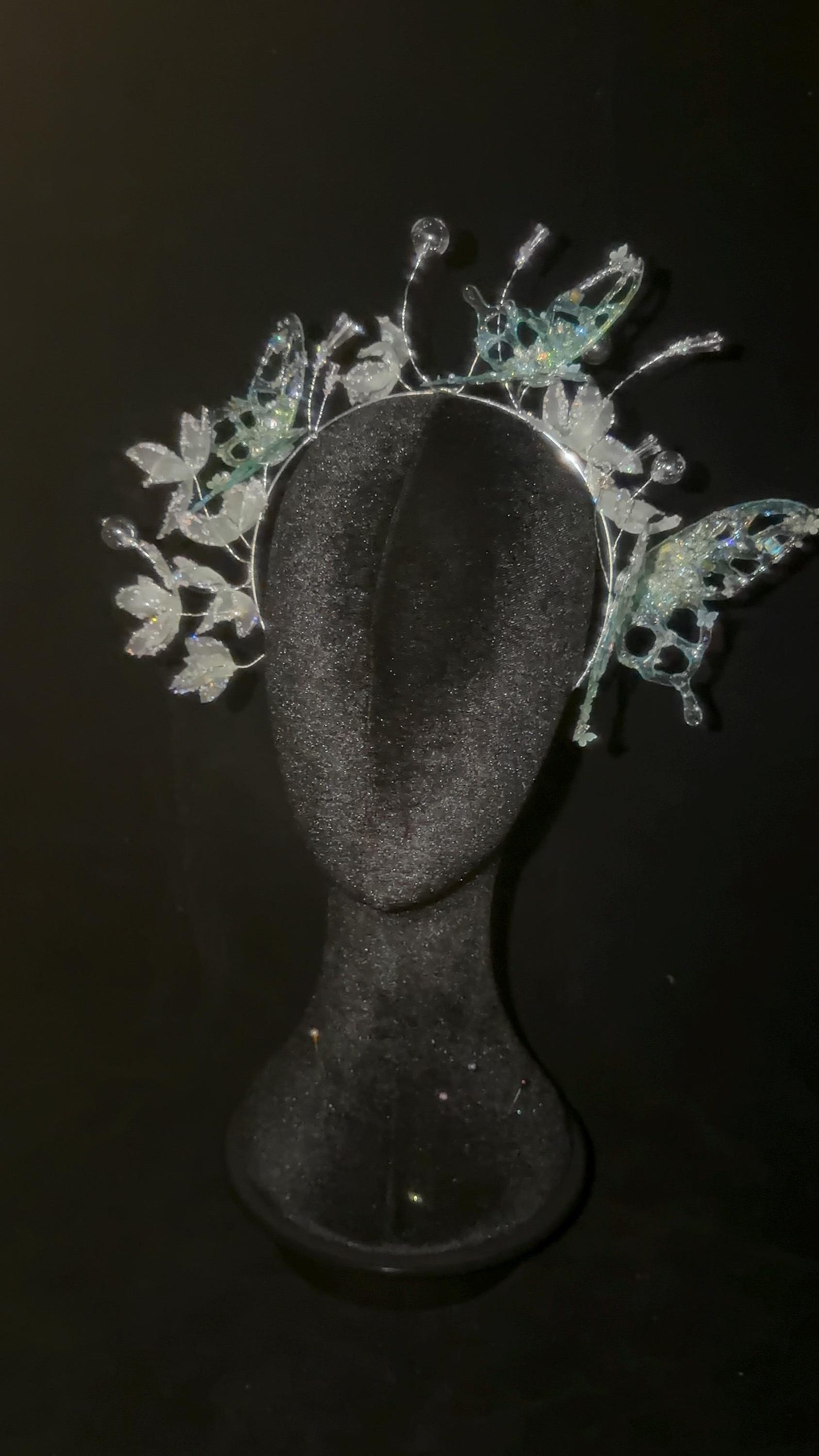 Light Green Butterfly Bridal Headband, Frosted Flower Crystal Wedding Headpiece, Fairy Floral Tiara for Bride