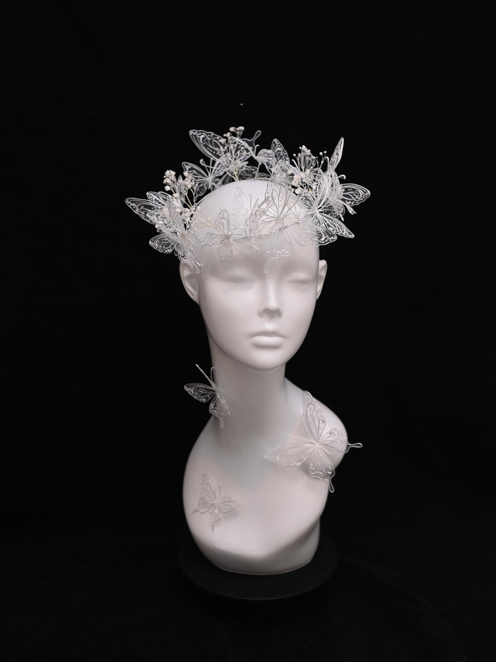 White Lace Butterfly Bridal Headband, Tulle Mesh Butterfly Wedding Headpiece, Fairy Babysbreath Floral Bride Crown