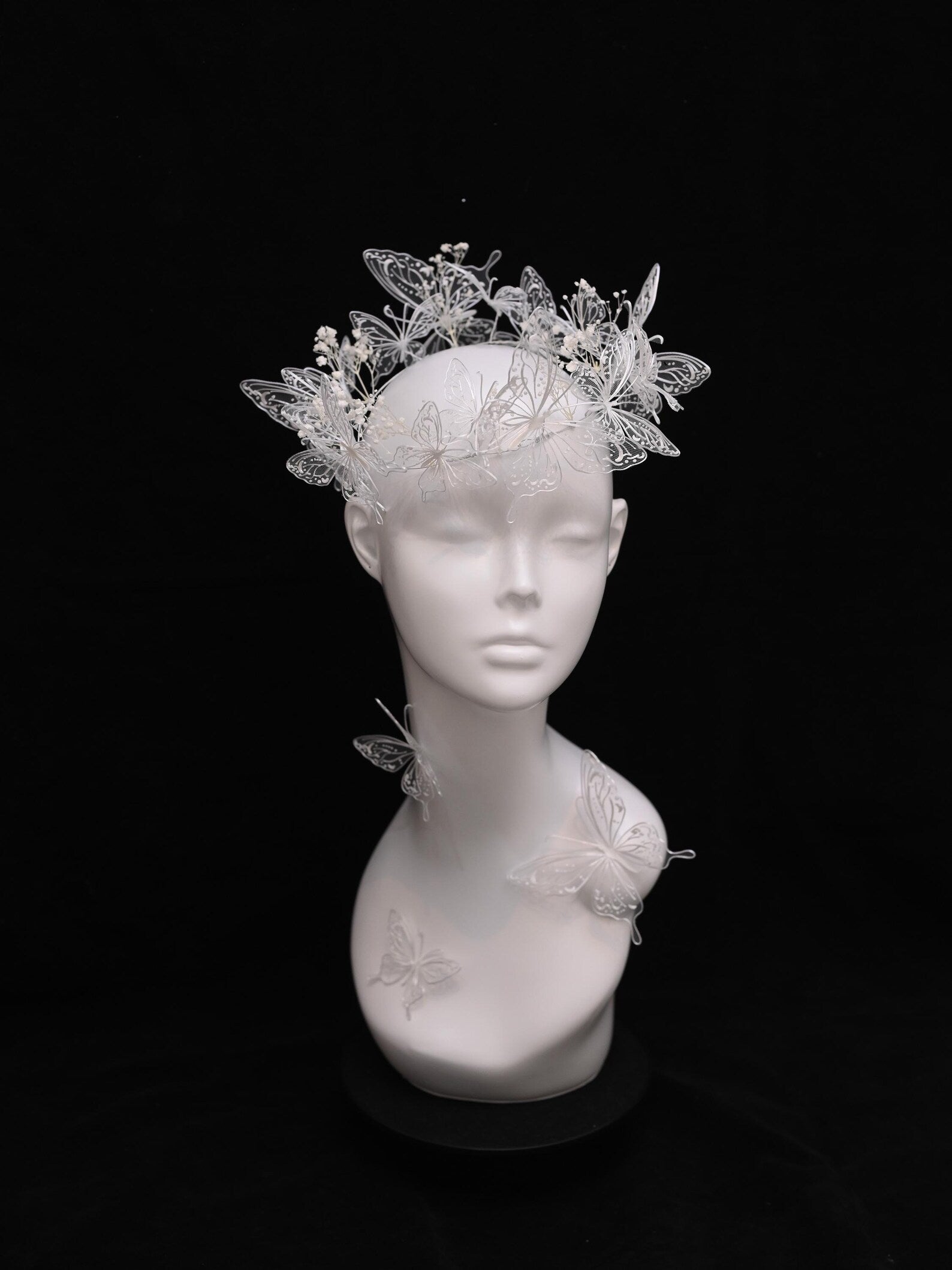 White Lace Butterfly Bridal Headband, Tulle Mesh Butterfly Wedding Headpiece, Fairy Babysbreath Floral Bride Crown