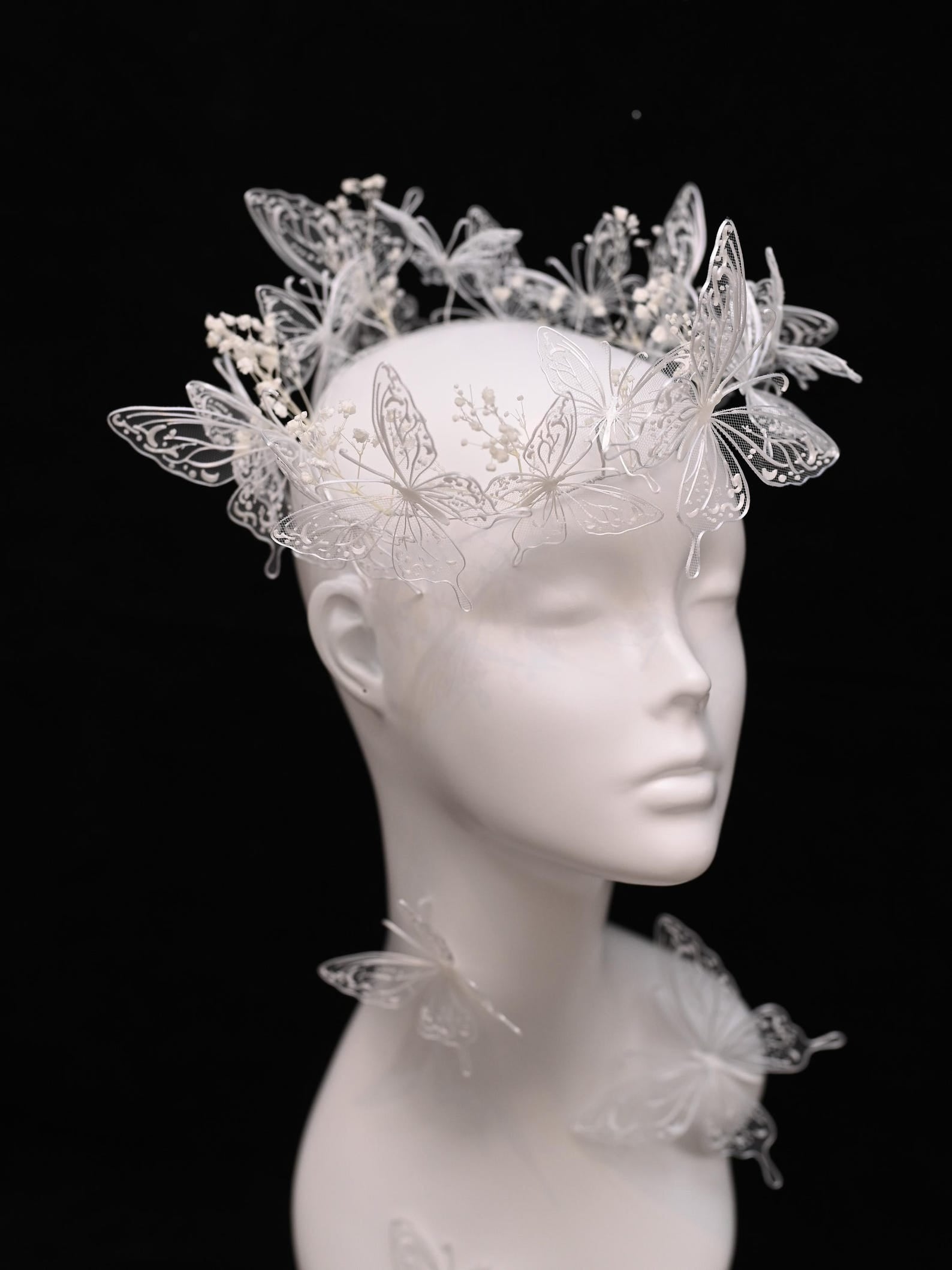 White Lace Butterfly Bridal Headband, Tulle Mesh Butterfly Wedding Headpiece, Fairy Babysbreath Floral Bride Crown