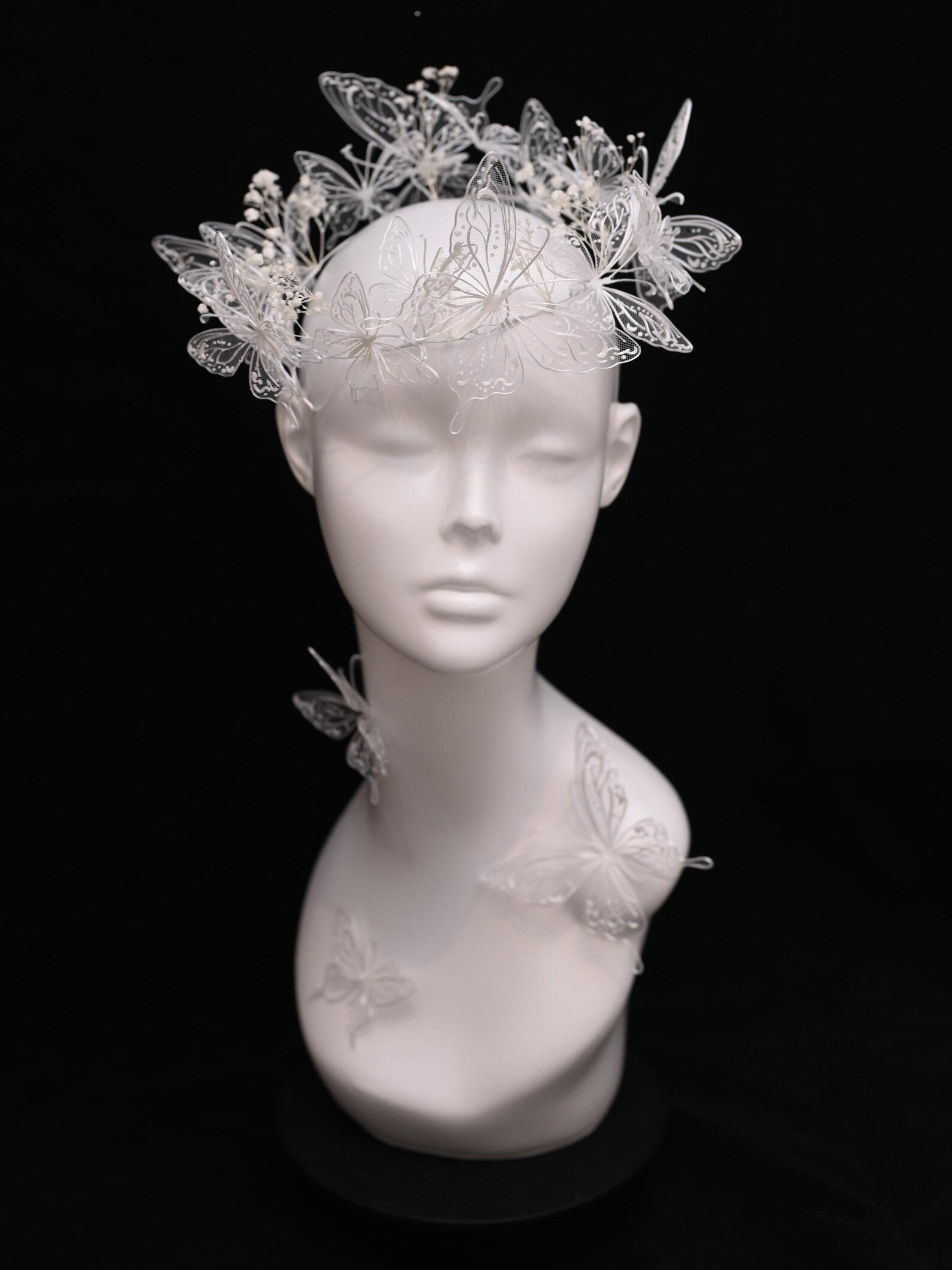White Lace Butterfly Bridal Headband, Tulle Mesh Butterfly Wedding Headpiece, Fairy Babysbreath Floral Bride Crown