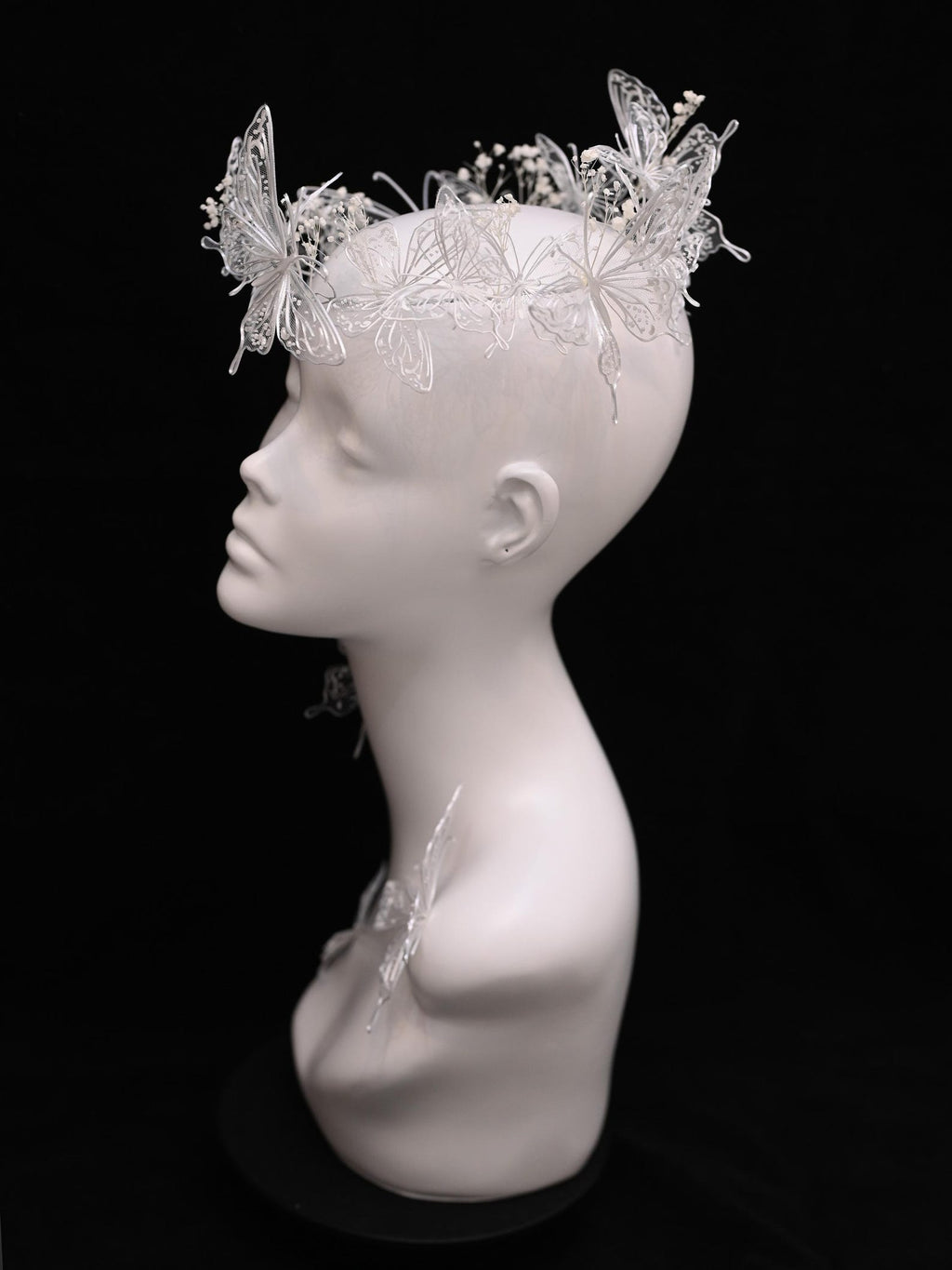 White Lace Butterfly Bridal Headband, Tulle Mesh Butterfly Wedding Headpiece, Fairy Babysbreath Floral Bride Crown