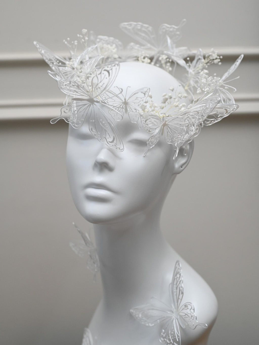 White Lace Butterfly Bridal Headband, Tulle Mesh Butterfly Wedding Headpiece, Fairy Babysbreath Floral Bride Crown