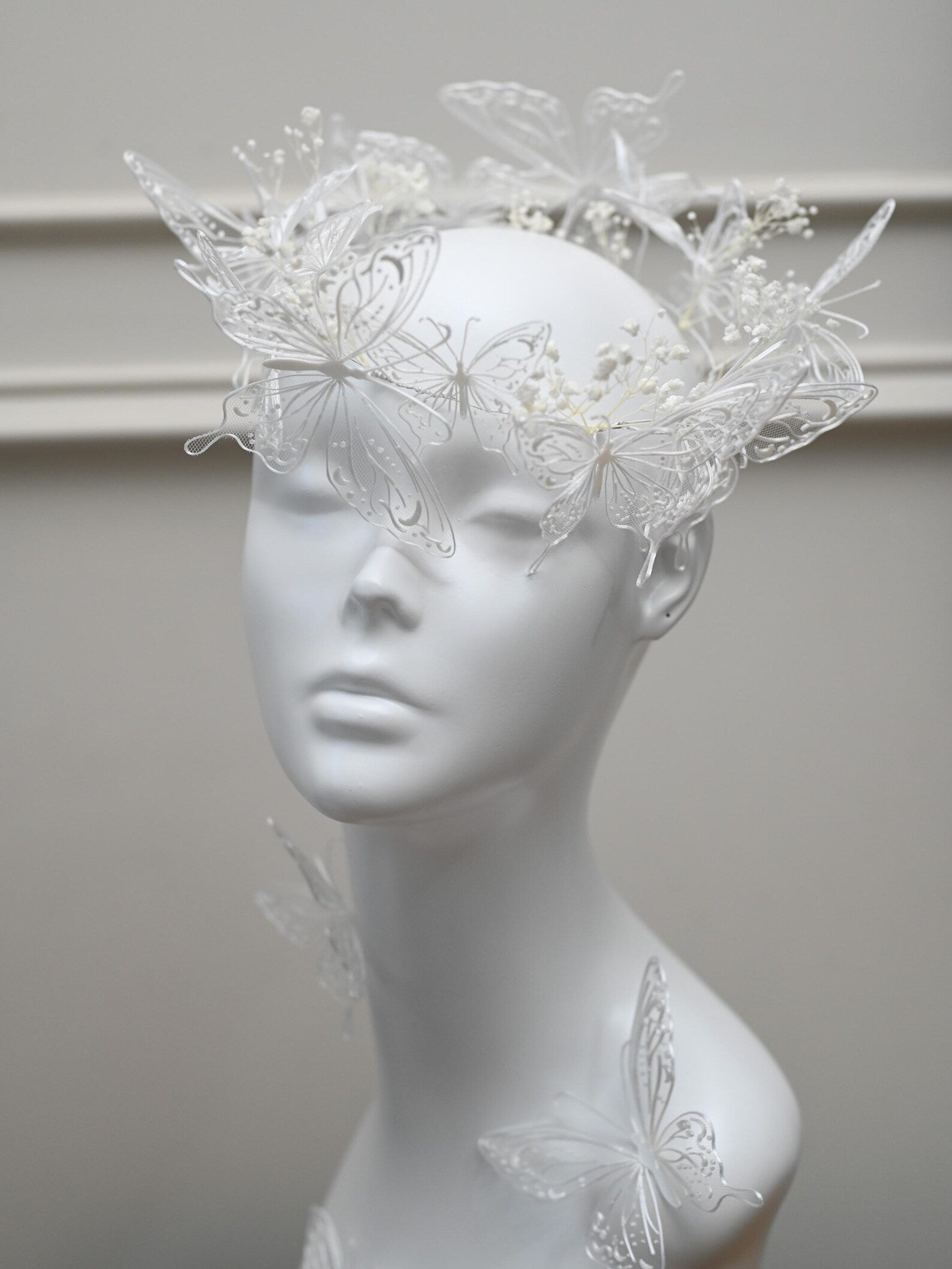 White Lace Butterfly Bridal Headband, Tulle Mesh Butterfly Wedding Headpiece, Fairy Babysbreath Floral Bride Crown