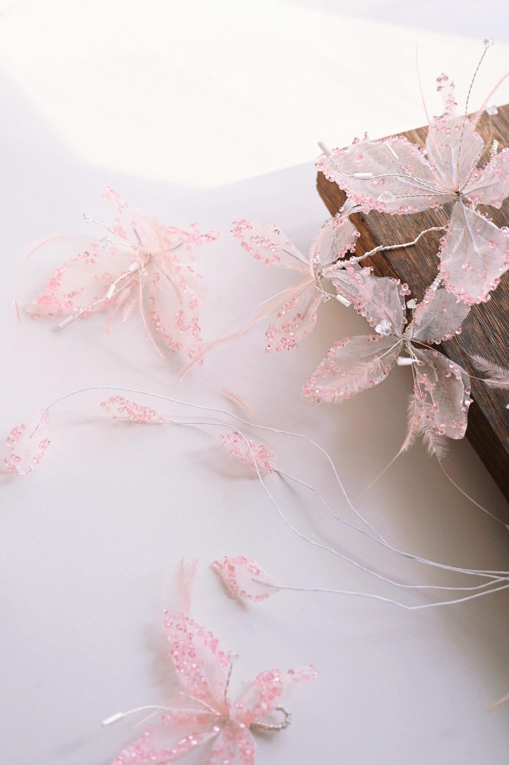 Handmade Pink Tulle Butterfly Hair Accessory, Rhinestone Feather Fairy Bridal Headpiece, Dreamy Wedding Hair Decor
