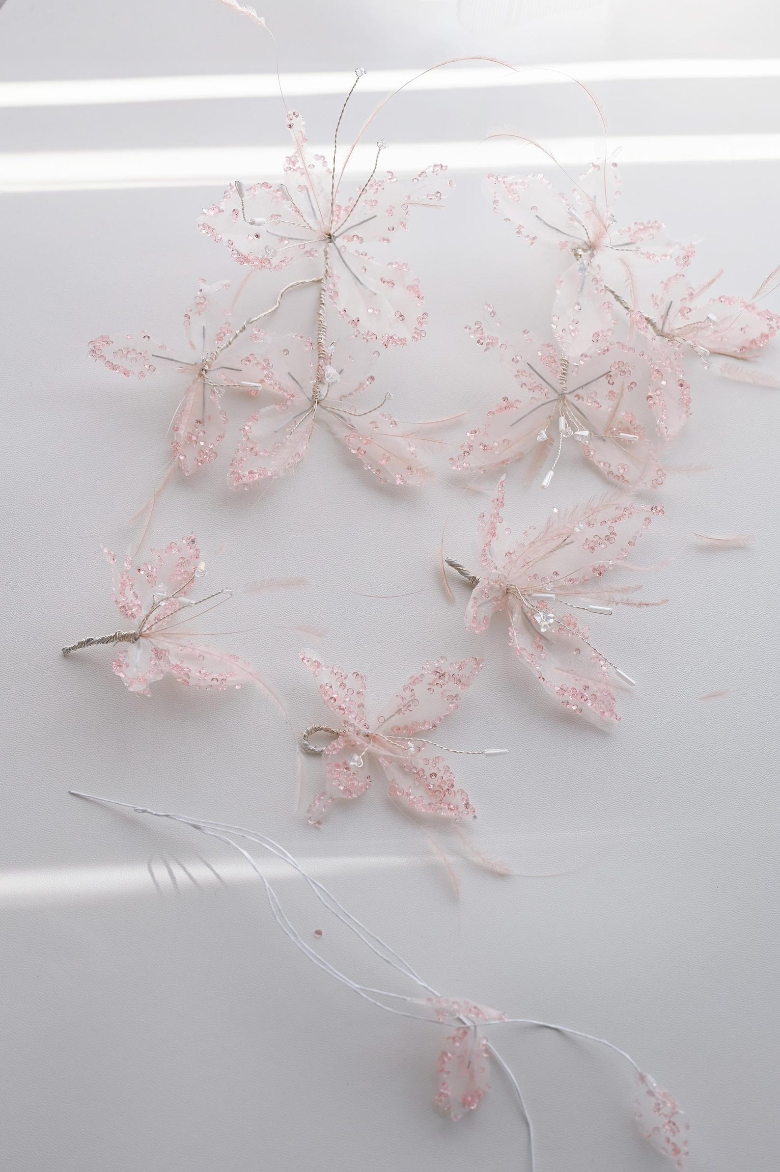Handmade Pink Tulle Butterfly Hair Accessory, Rhinestone Feather Fairy Bridal Headpiece, Dreamy Wedding Hair Decor