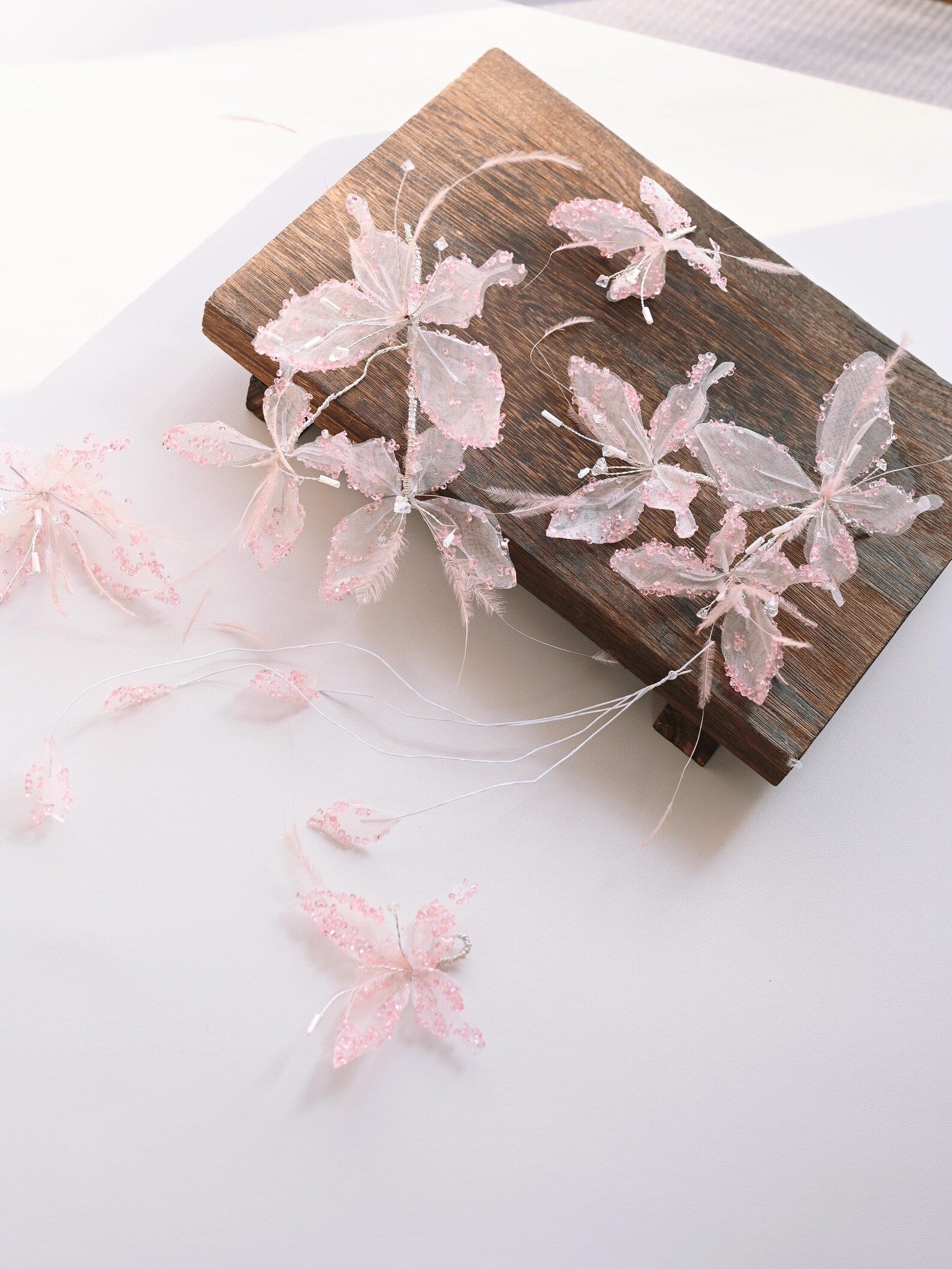 Handmade Pink Tulle Butterfly Hair Accessory, Rhinestone Feather Fairy Bridal Headpiece, Dreamy Wedding Hair Decor