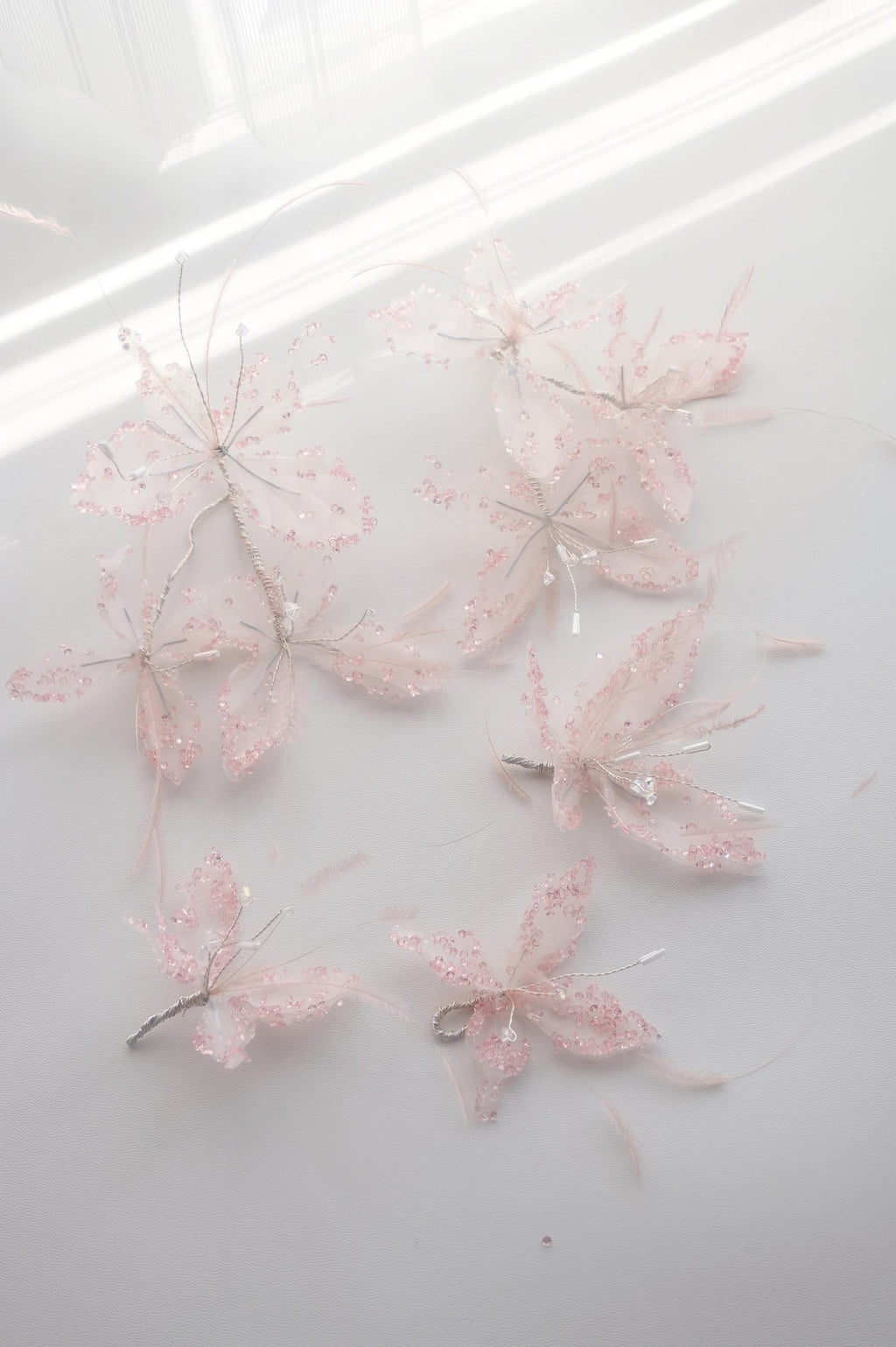 Handmade Pink Tulle Butterfly Hair Accessory, Rhinestone Feather Fairy Bridal Headpiece, Dreamy Wedding Hair Decor