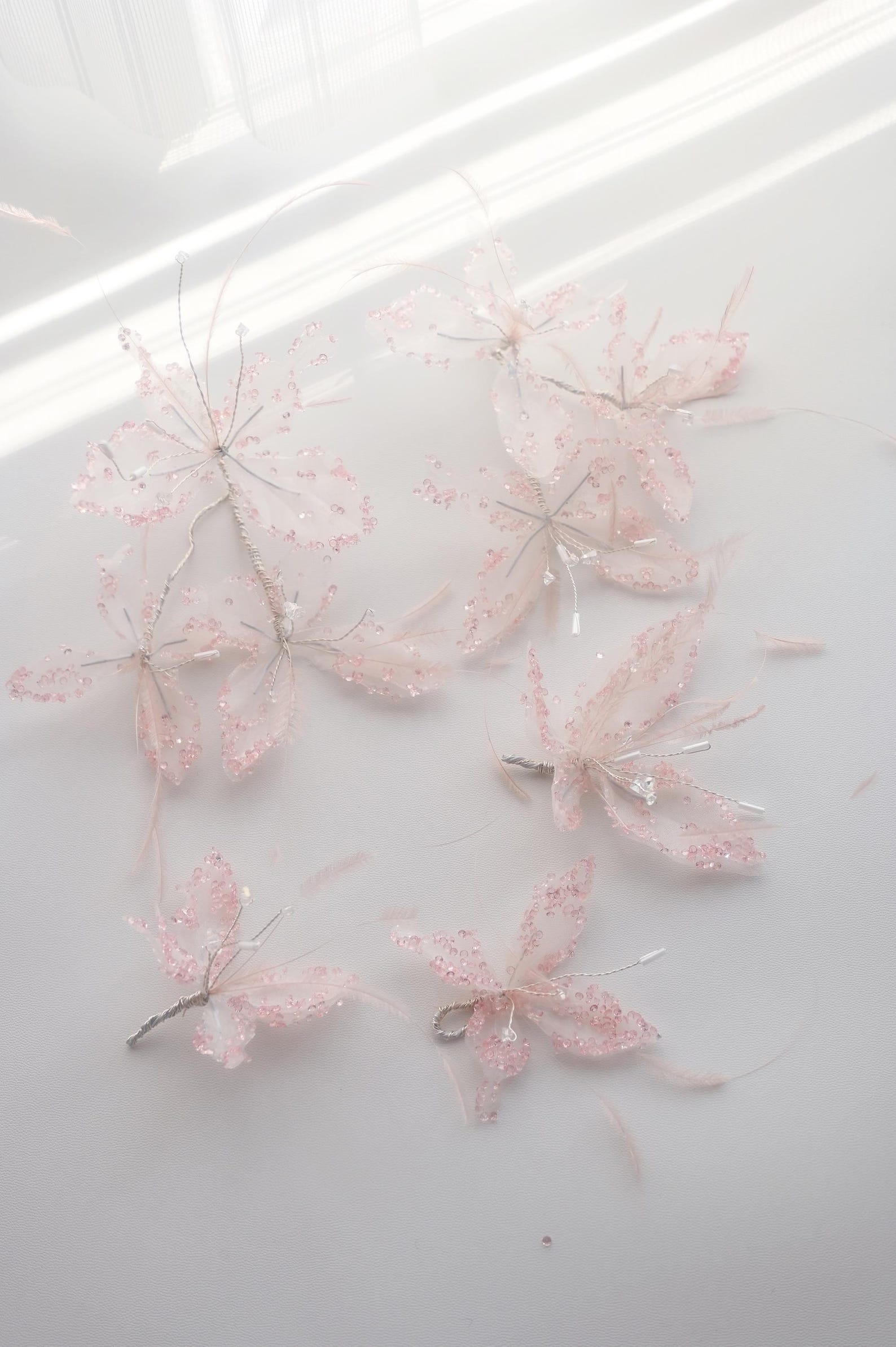 Handmade Pink Tulle Butterfly Hair Accessory, Rhinestone Feather Fairy Bridal Headpiece, Dreamy Wedding Hair Decor