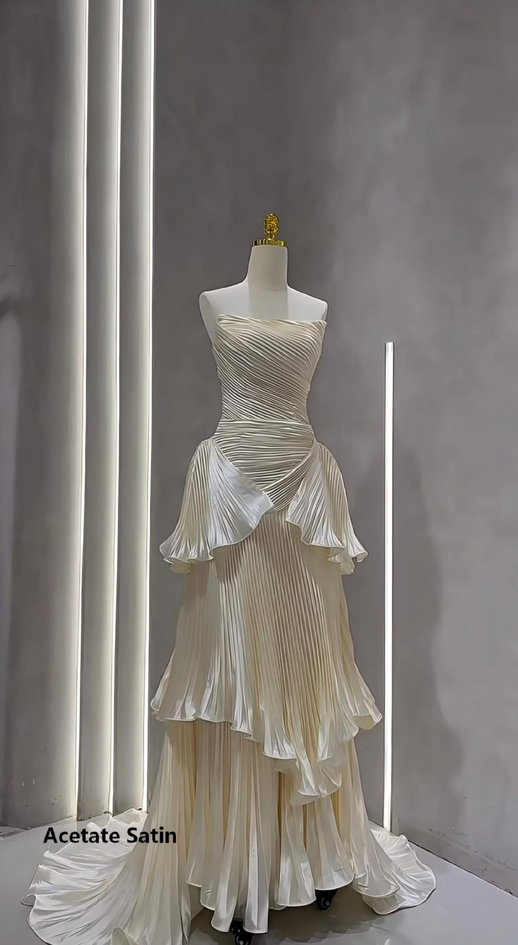 Pleated Strapless Tiered Wedding Dress, Ruffled Bridal Gown
