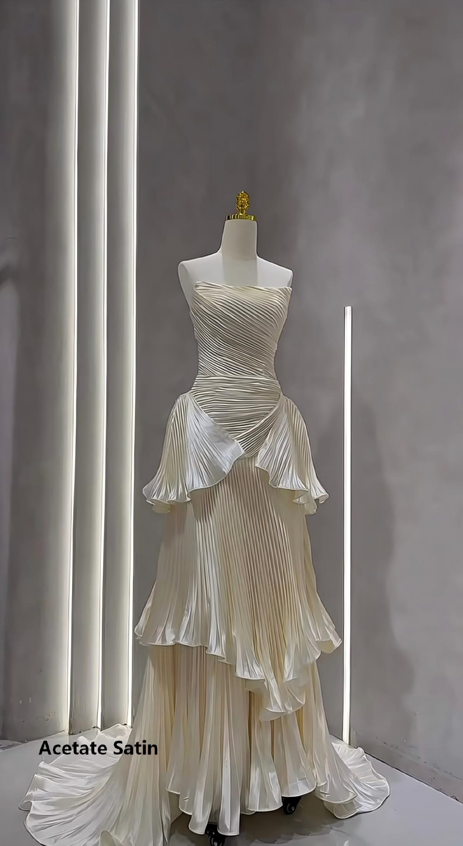 Pleated Strapless Tiered Wedding Dress, Ruffled Bridal Gown