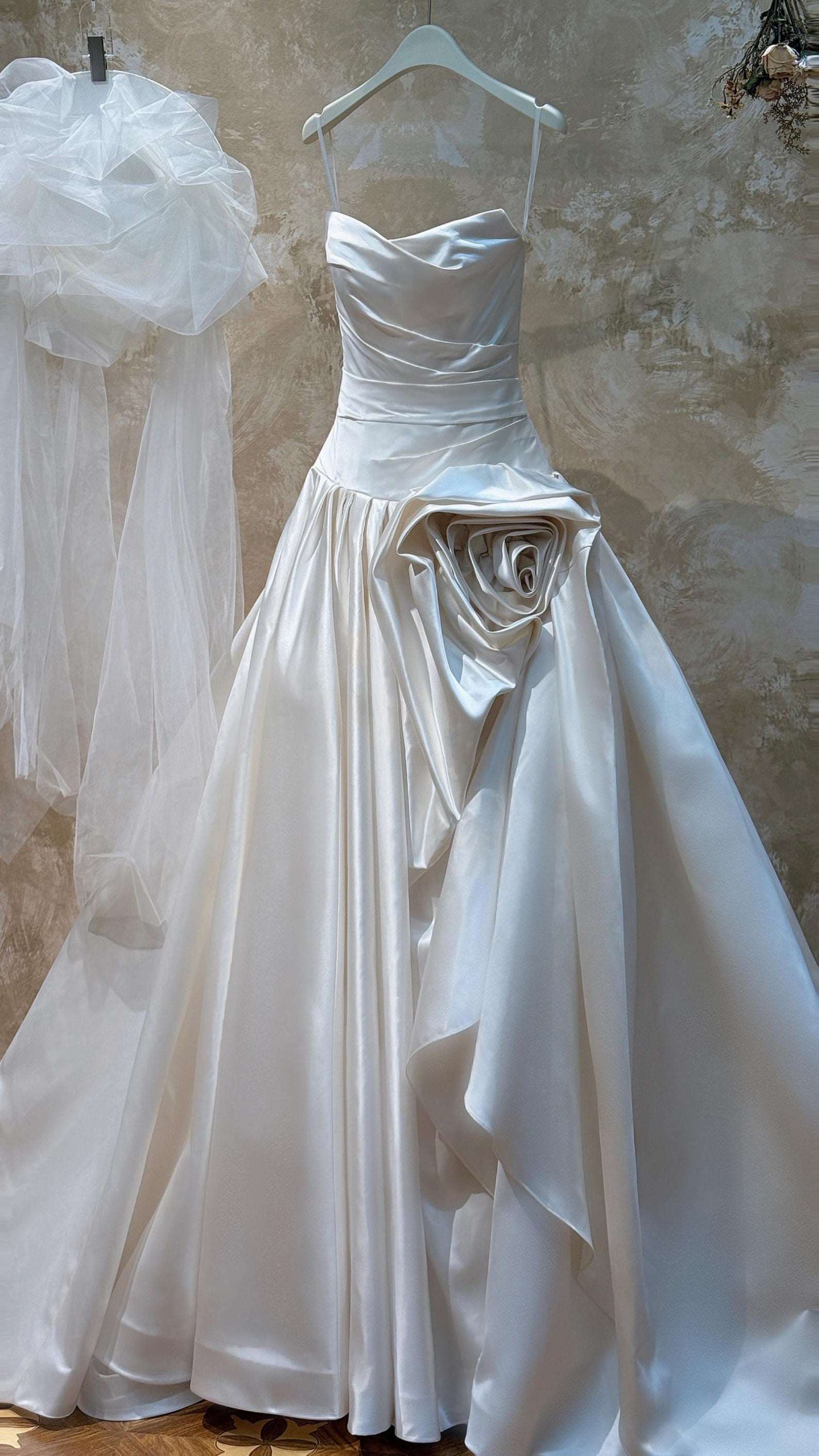 Strapless Draped Satin Wedding Dress, Handmade 3D Rose Ball Gown Bridal Gown With Train
