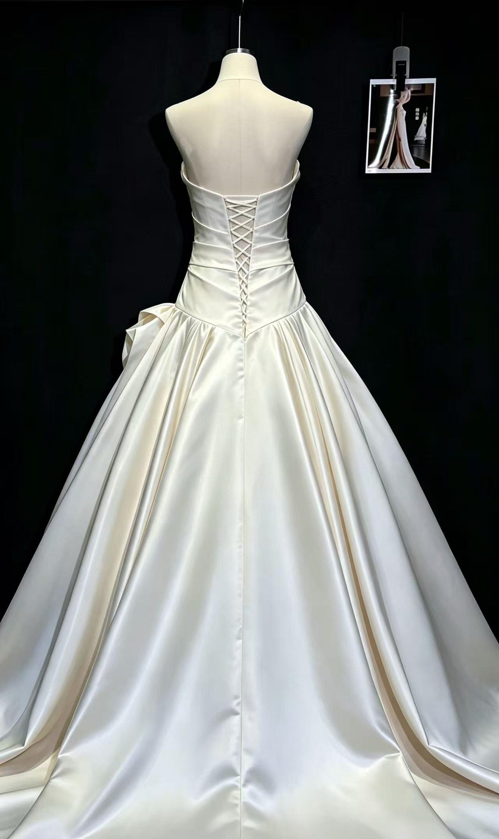 Strapless Draped Satin Wedding Dress, Handmade 3D Rose Ball Gown Bridal Gown With Train