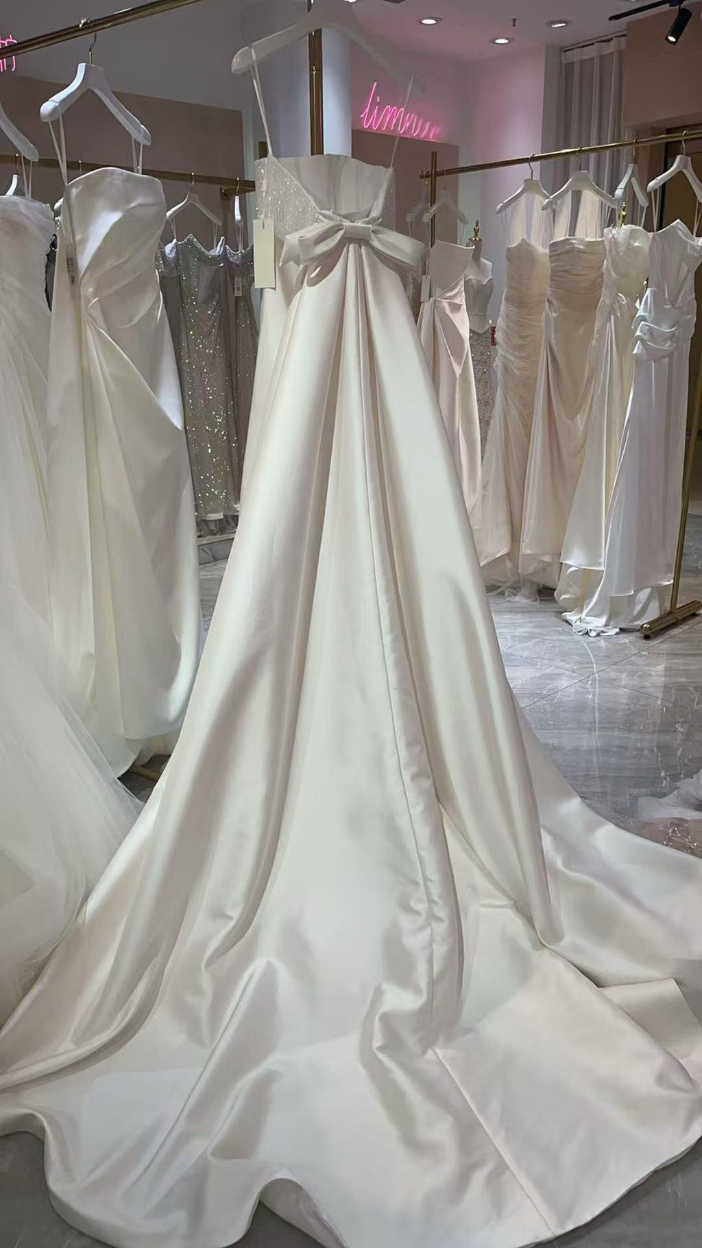 Beaded Fringe Tube Top Satin Wedding Gown Bow Back A Line Bridal Dress