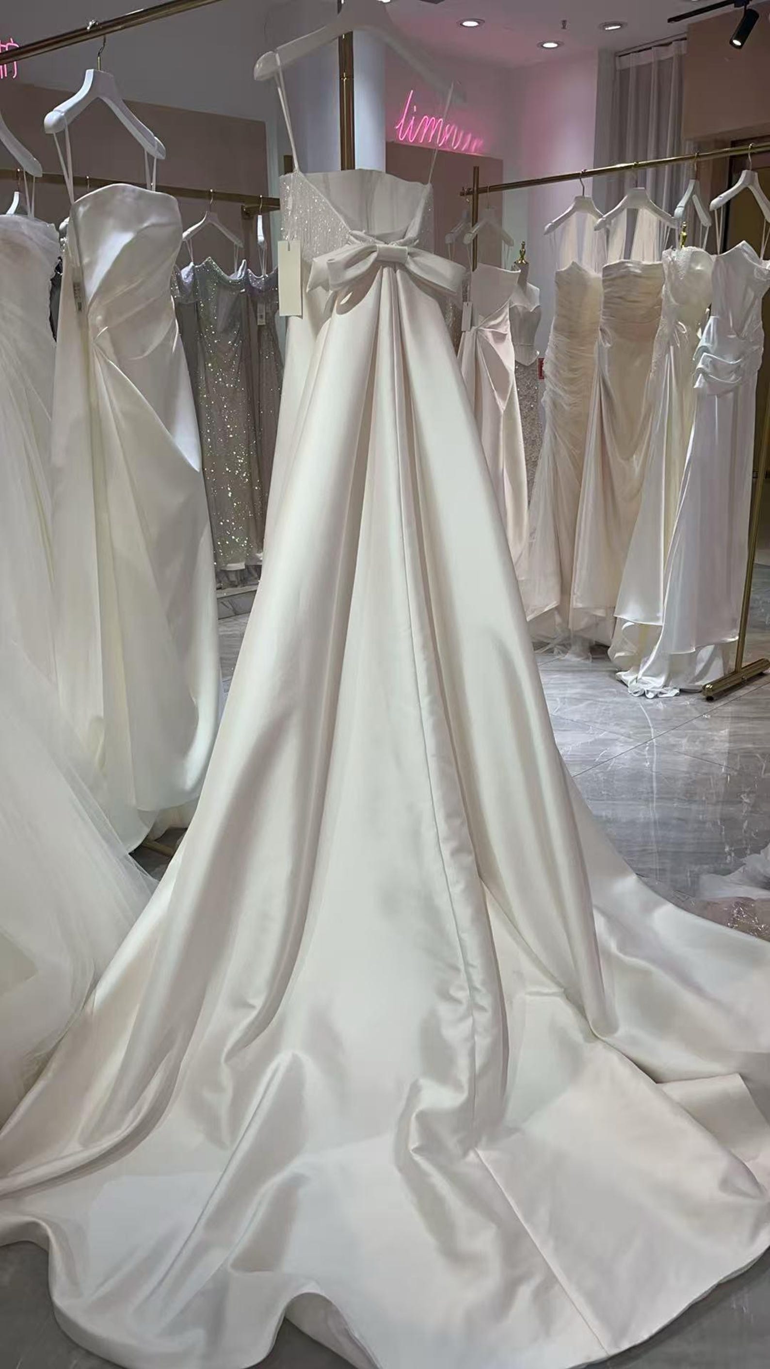 Beaded Fringe Tube Top Satin Wedding Gown Bow Back A Line Bridal Dress