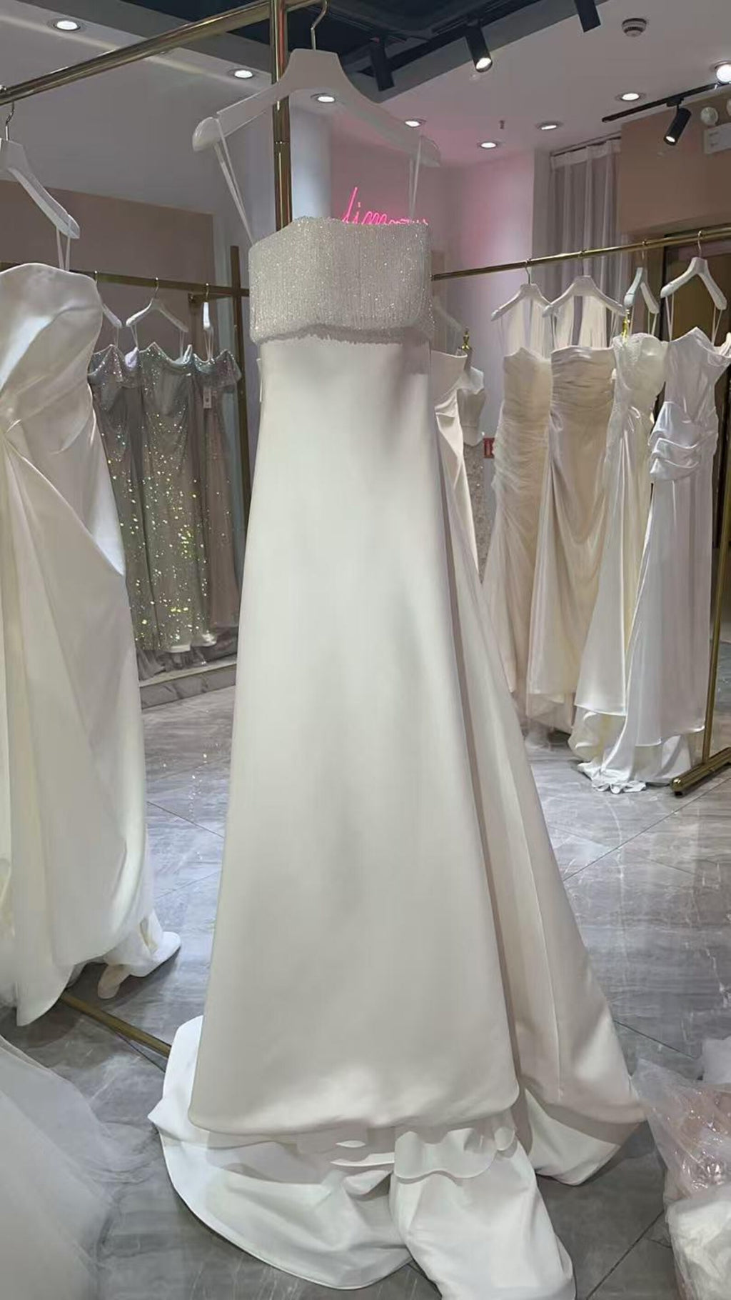 Beaded Fringe Tube Top Satin Wedding Gown Bow Back A Line Bridal Dress