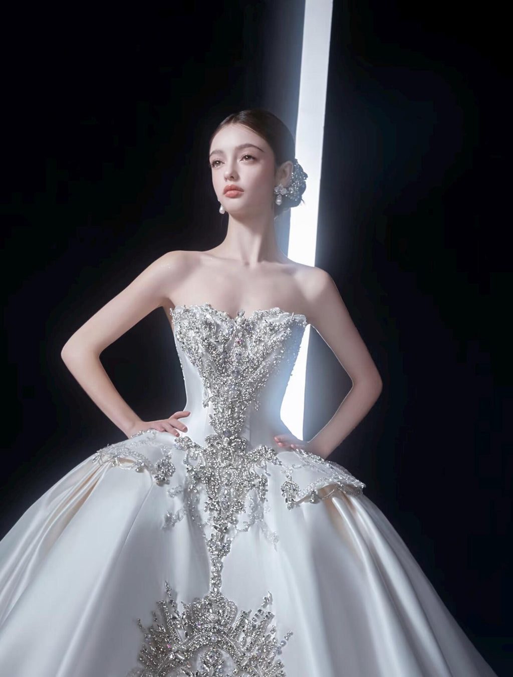 Luxury Strapless Mikado Satin Wedding Gown, Heavy Crystal Embroidery Ballgown Bridal Dress, Long Cathedral Train, Custom Made