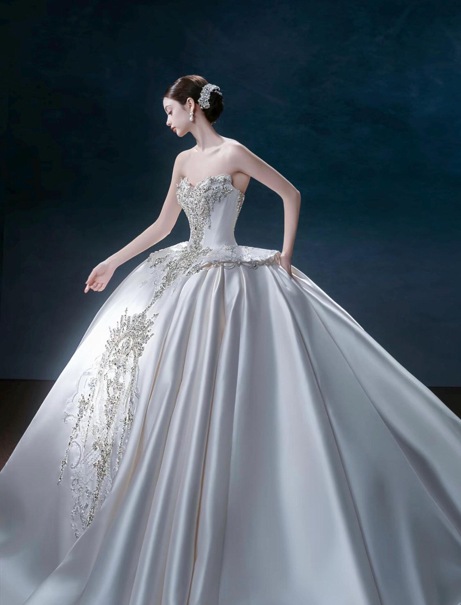 Luxury Strapless Mikado Satin Wedding Gown, Heavy Crystal Embroidery Ballgown Bridal Dress, Long Cathedral Train, Custom Made
