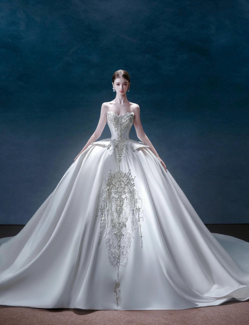 Luxury Strapless Mikado Satin Wedding Gown, Heavy Crystal Embroidery Ballgown Bridal Dress, Long Cathedral Train, Custom Made
