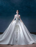 Luxury Strapless Mikado Satin Wedding Gown, Heavy Crystal Embroidery Ballgown Bridal Dress, Long Cathedral Train, Custom Made